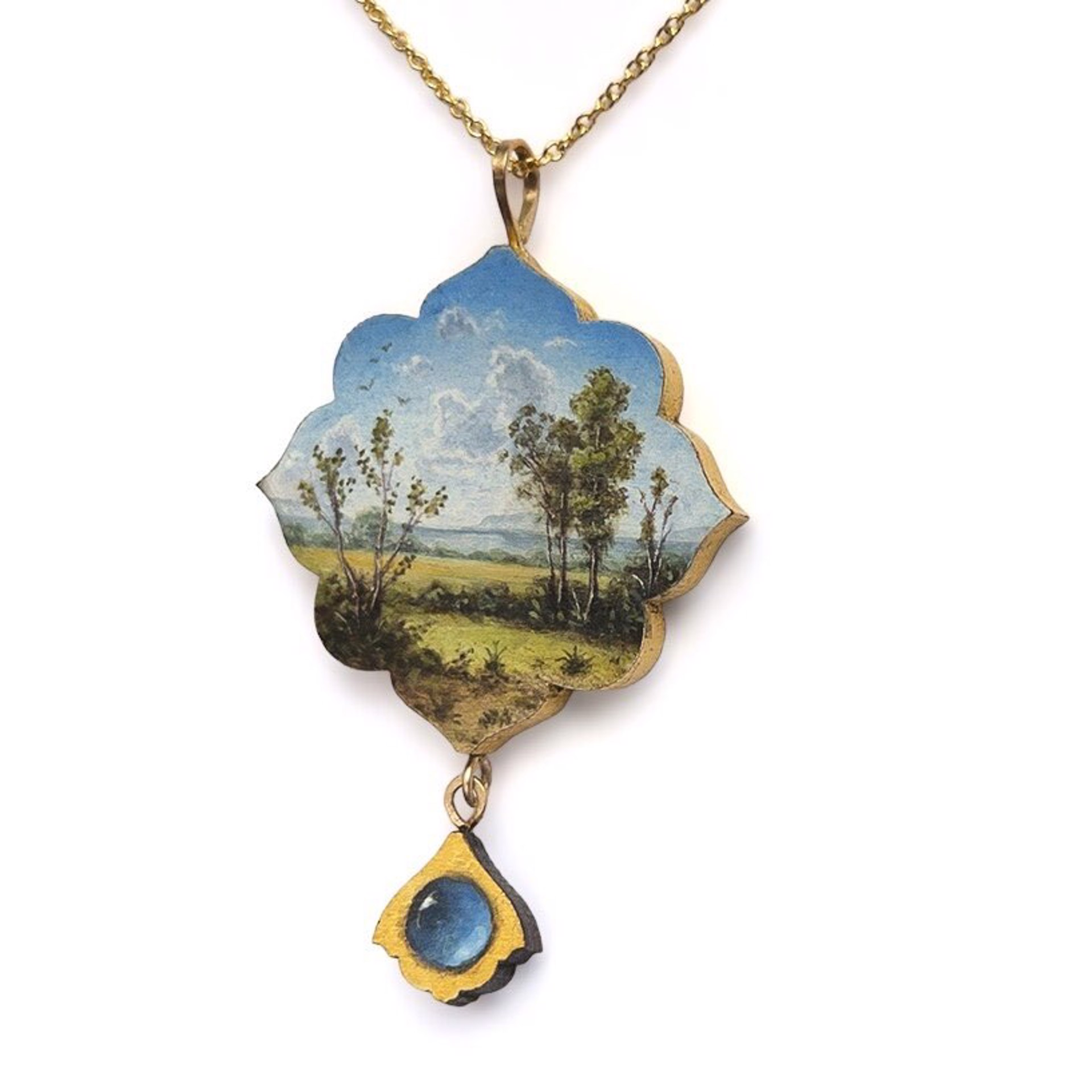 Landscape Quatrefoil Pendant with Painted Sapphire by Christina Goodman