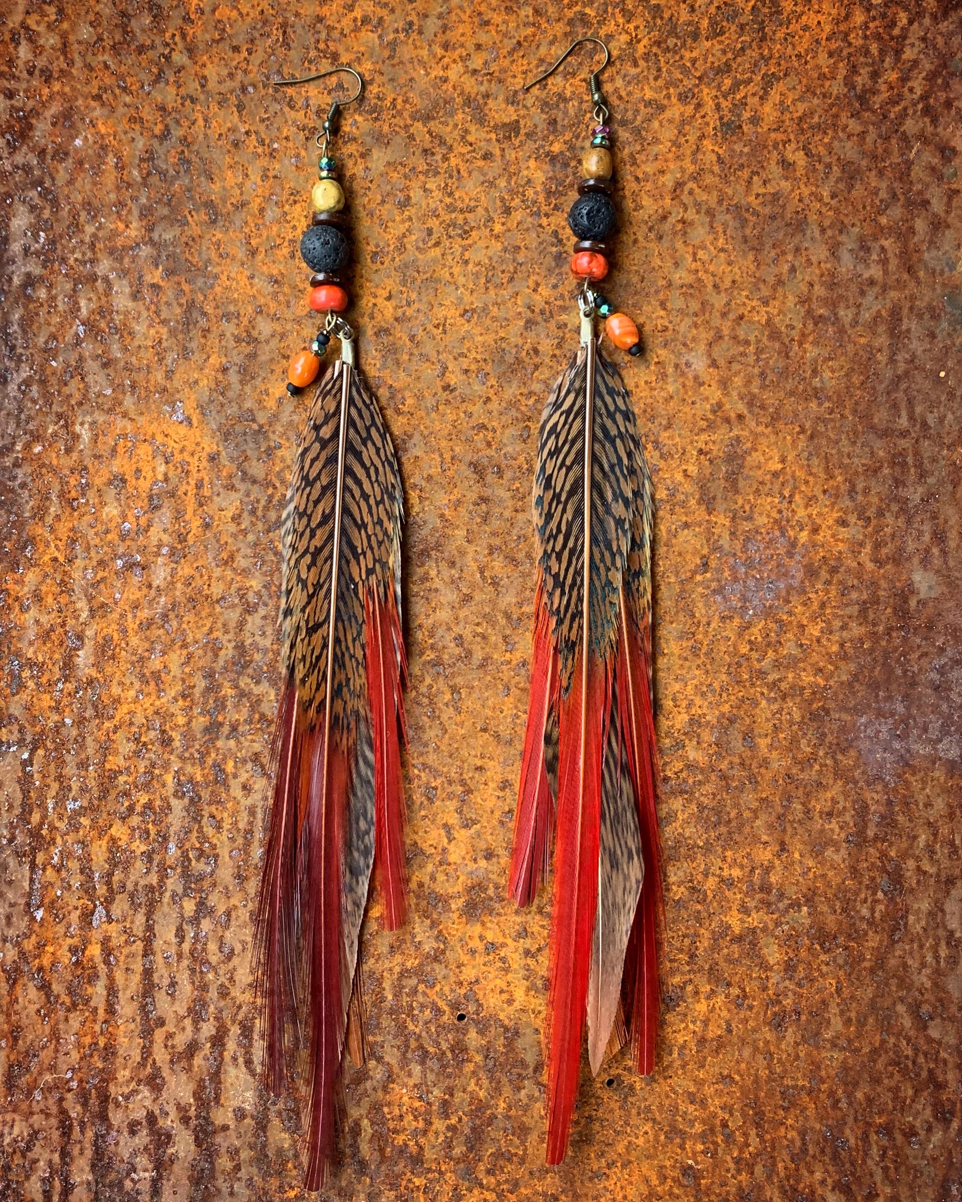 K604 Fire Orange Pheasant Earrings by Kelly Ormsby