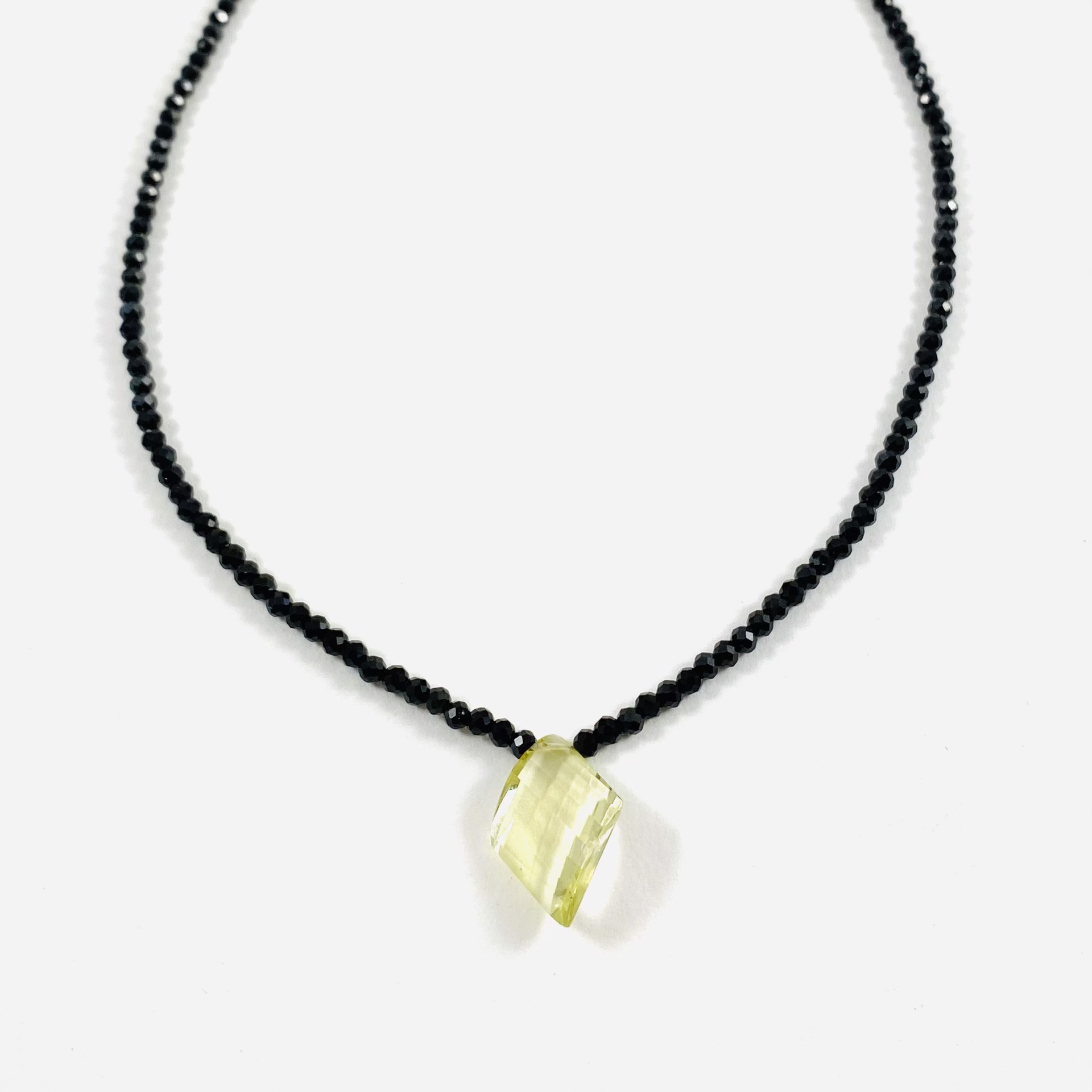 Tiny Black Spinel Fancy Cut Yellow Quartz Focal Necklace by Nance Trueworthy