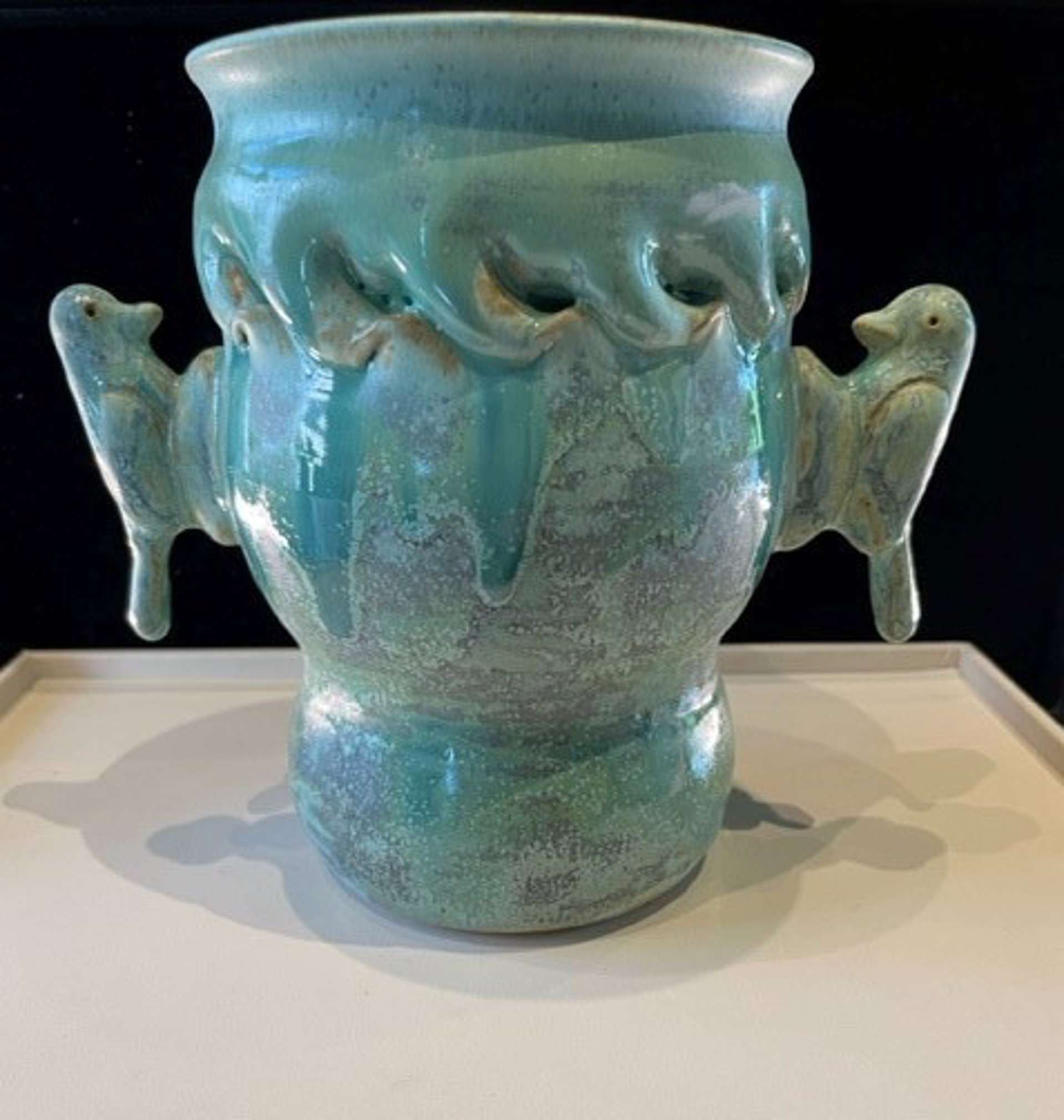 Clarkhouse #93 Mint green folded vase with bird handles by Bill & Pam Clark Clark House Pottery