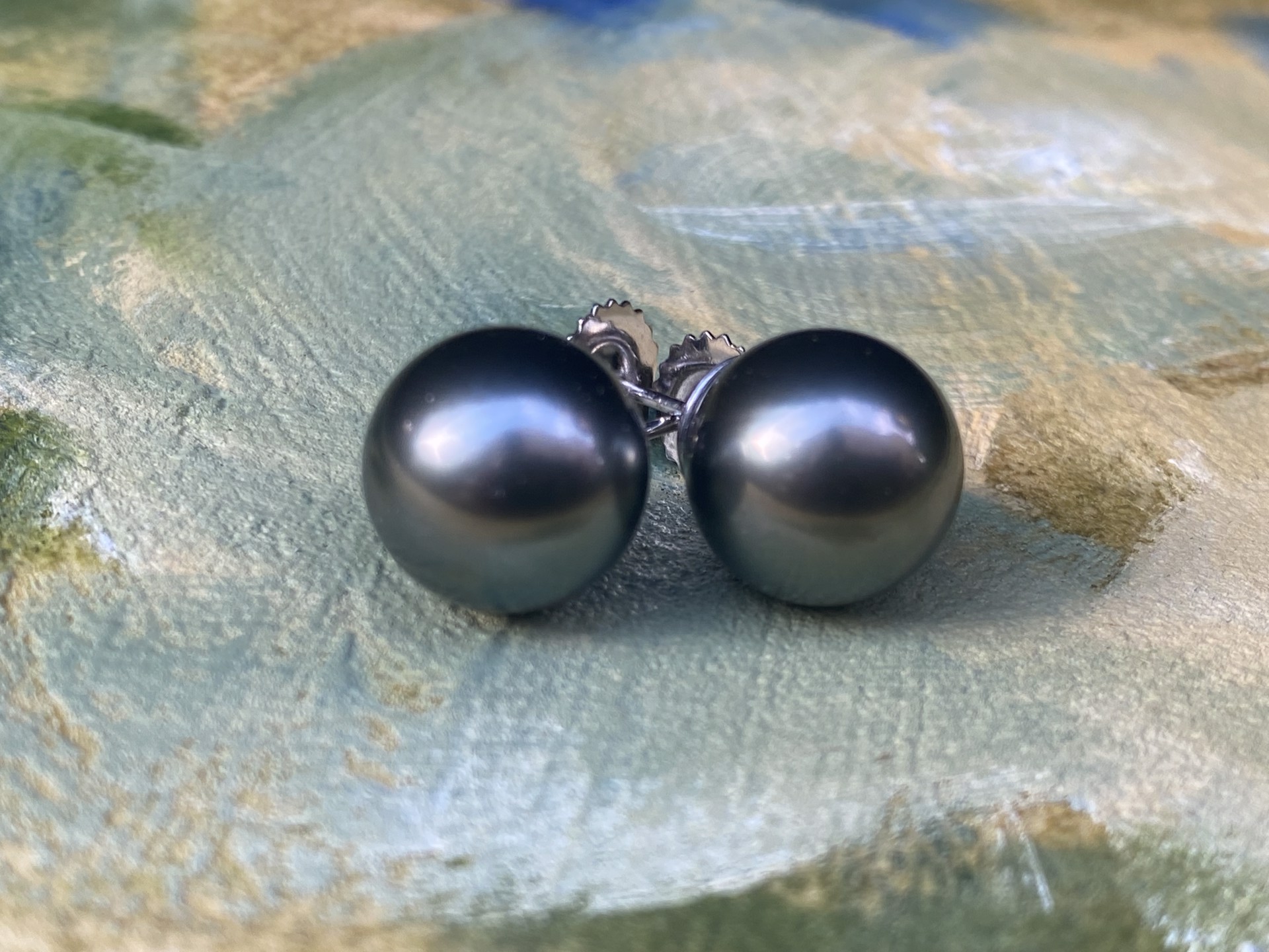 Tahitian Pearl Round Studs 11.25mm 14K by Sidney Soriano