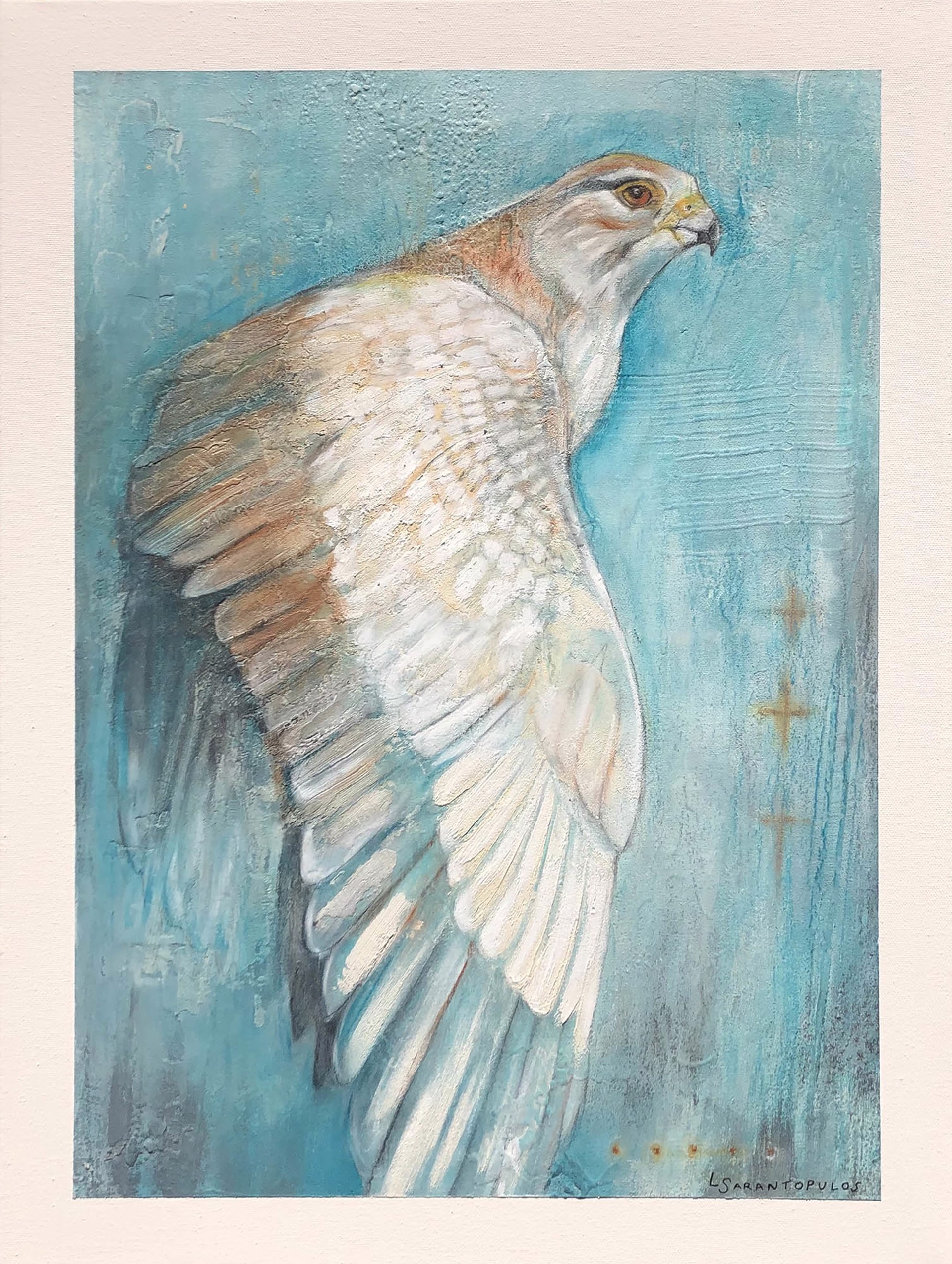 Original Mixed Media Painting Featuring A Hawk Over Blue Background