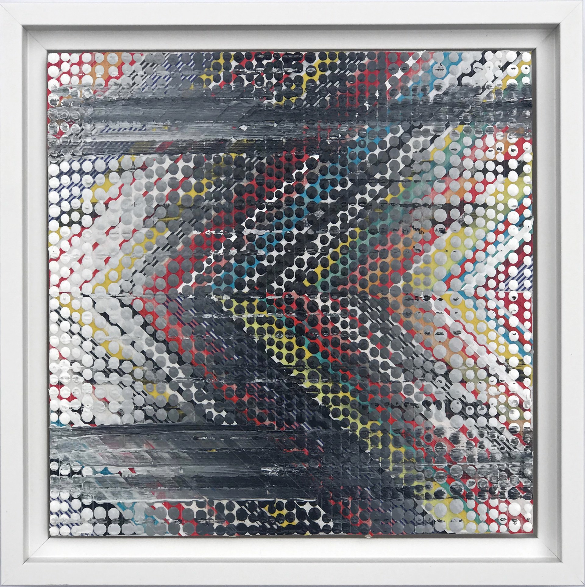 Abstract Colorful Painting Made Up Of Dots Forming A Chevron With Primarily Black, White, Red And Yellow, By Nina Tichava