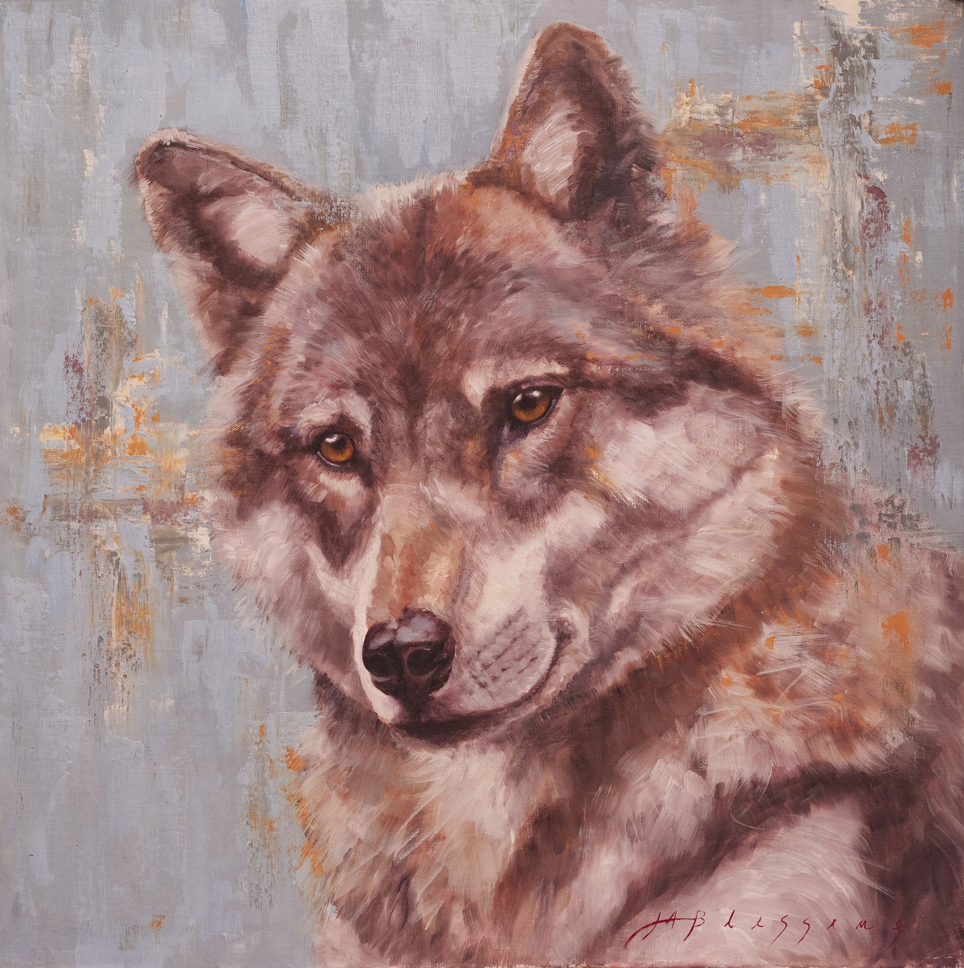 An Original Oil Painting OF a Wolf Portrait With A Contemporary Abstract Background, By Meagan Blessing
