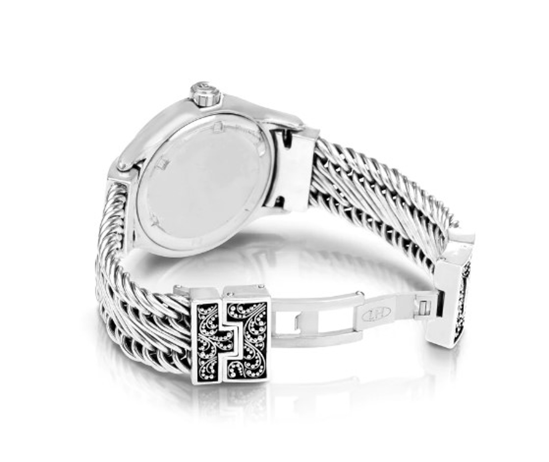 9759  Engraved Scroll XL Round Bezel Watch with Sterling Silver Handwoven Figure-8 Weave Band and Hand Granulation LH Scroll Edges by Lois Hill