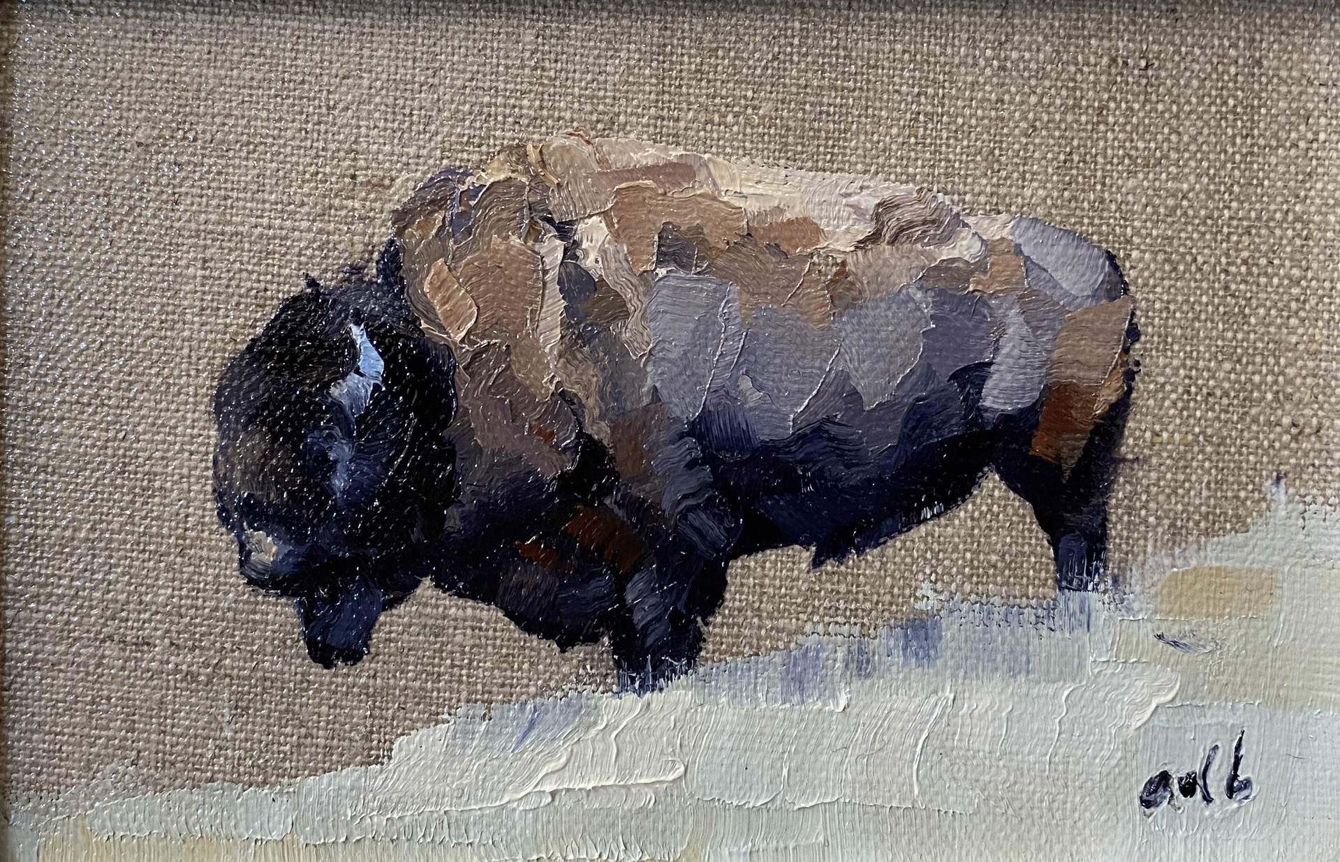 Original Oil Painting Of A Bison Standing Profile On A Snowy Hill, By Amber Blazina