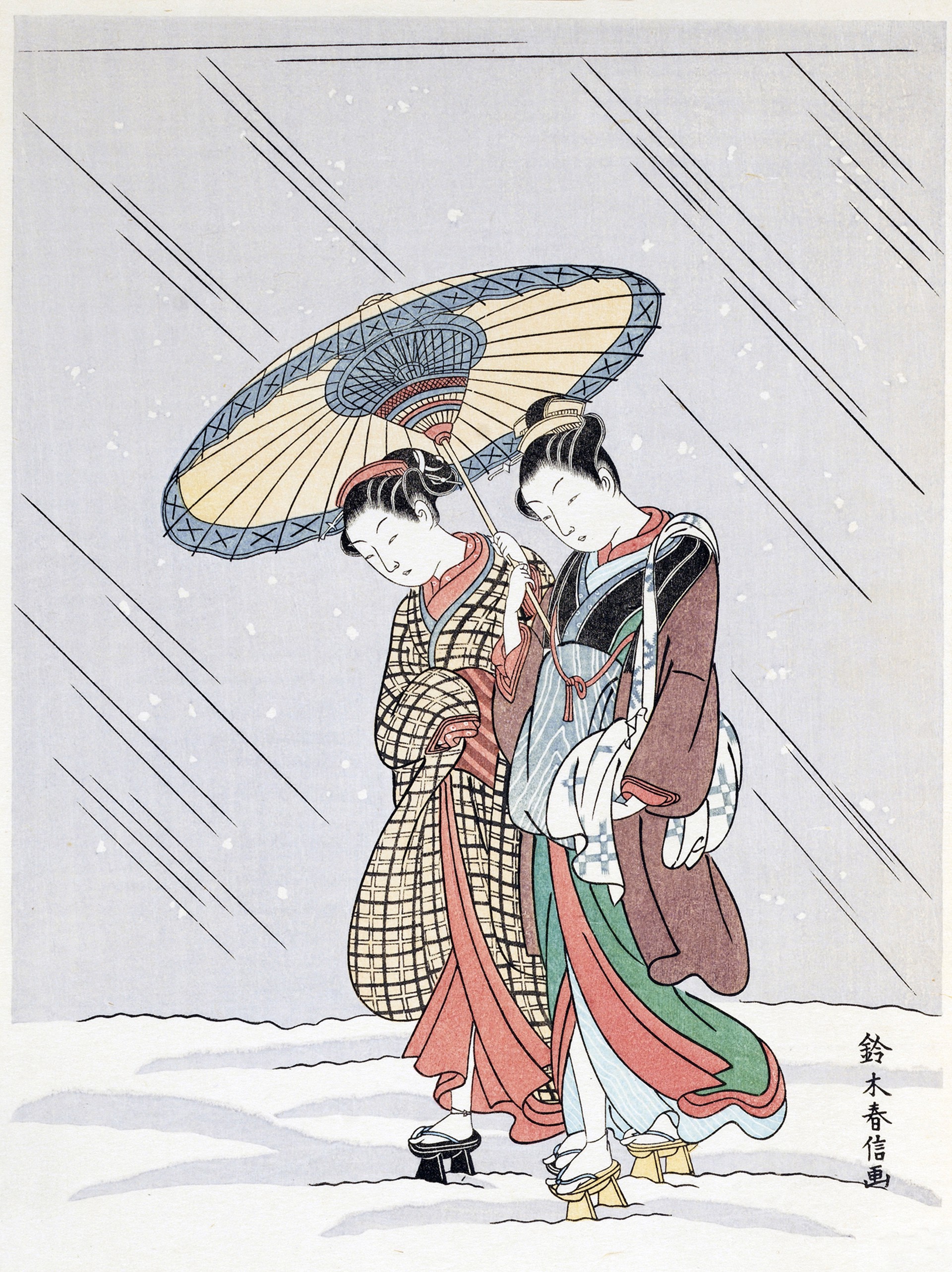 Beauties under Umbrella by 铃⽊春信 Suzuki Harunobu