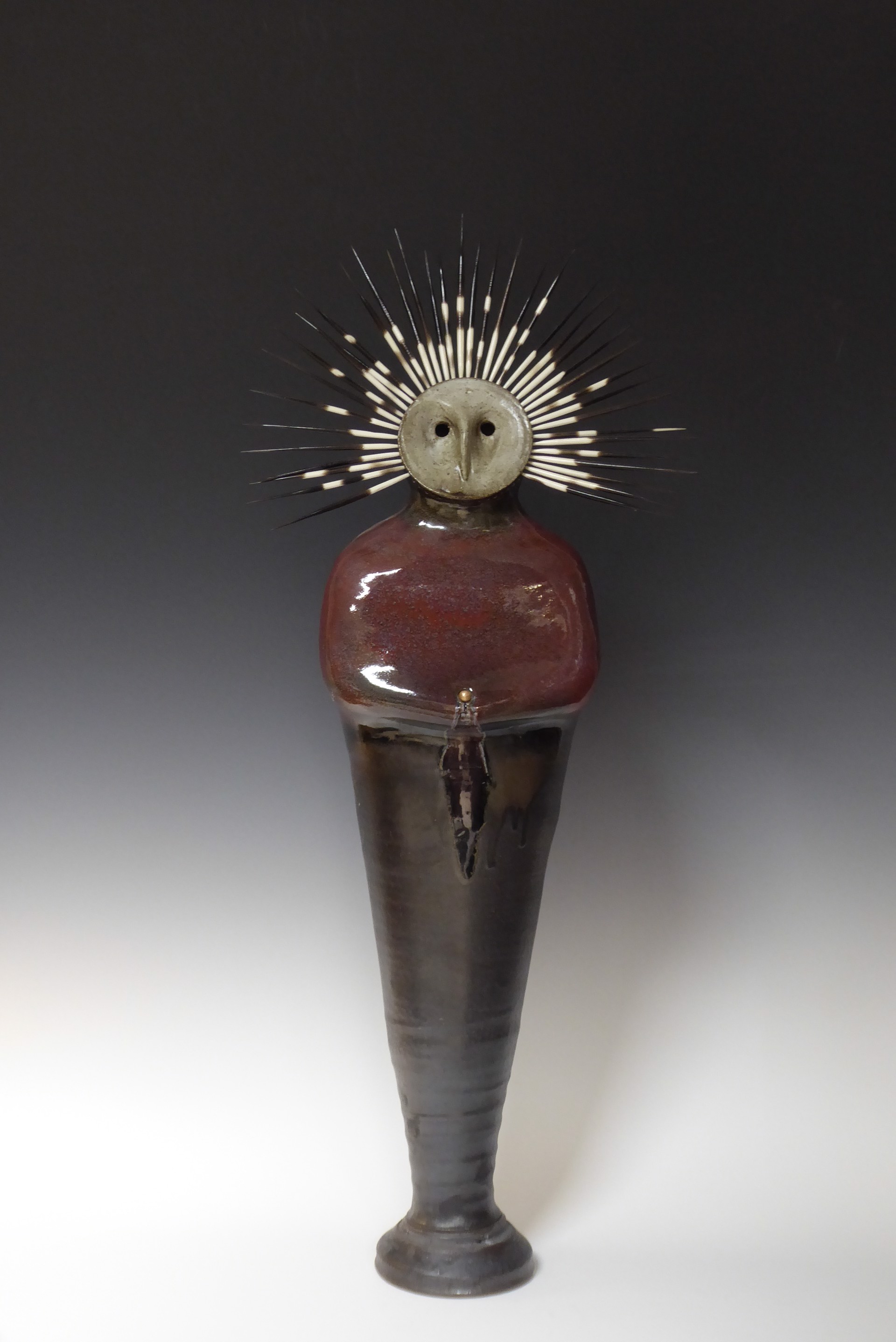 Owl Kachina ~ High Fired and Glazed with Quill Headdress (removable for transport)  by Heath Krieger