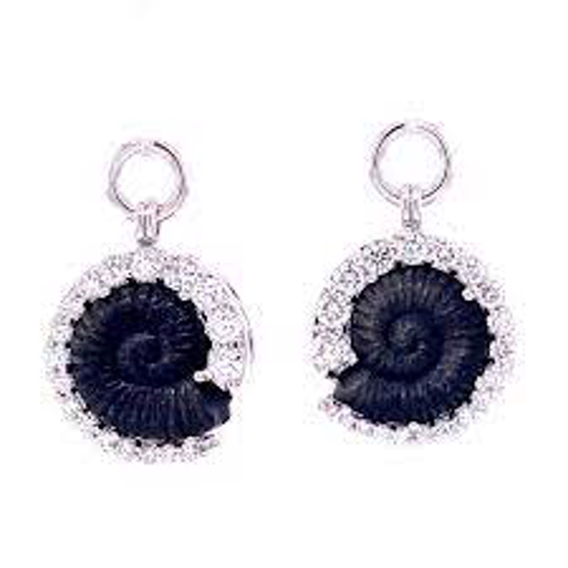 Carved Obsidian Snail Jackets with Diamond Halo 18k white gold by Llyn Strong