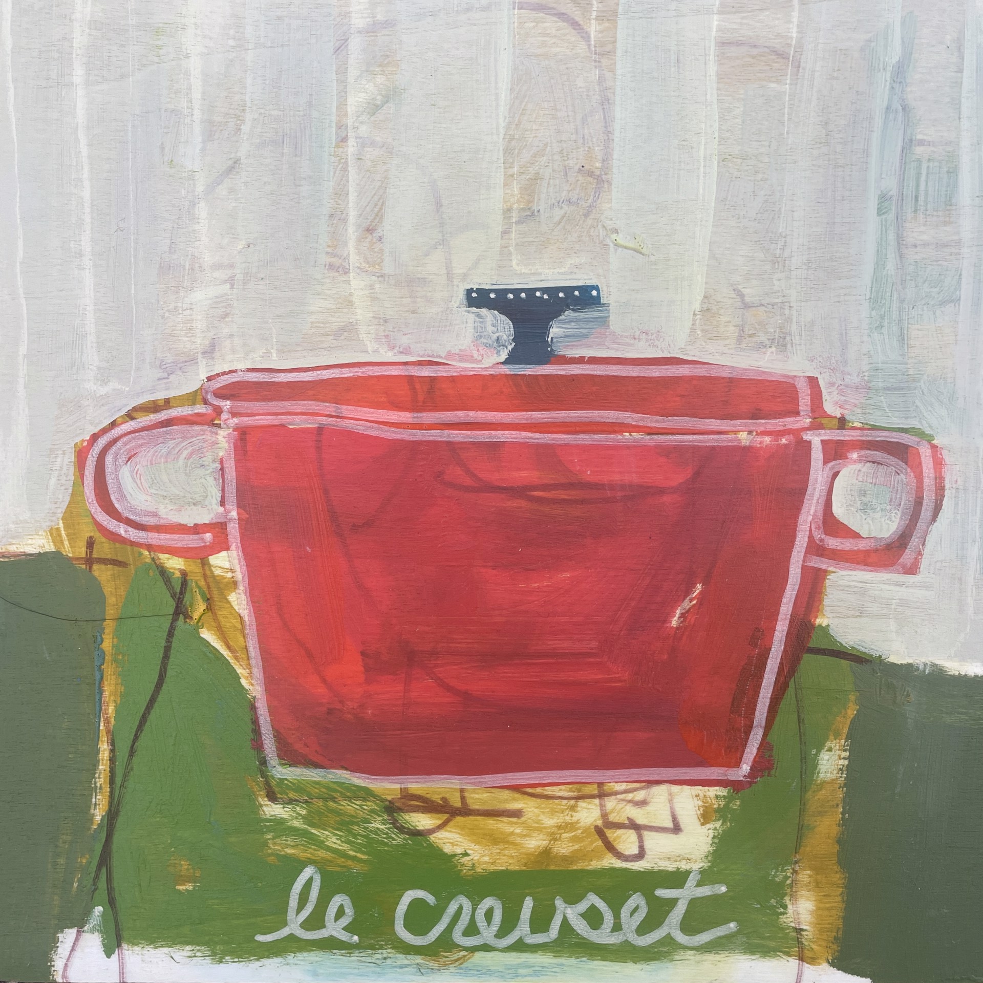 Red Le Creuset on Green Table by Rachael Van Dyke
