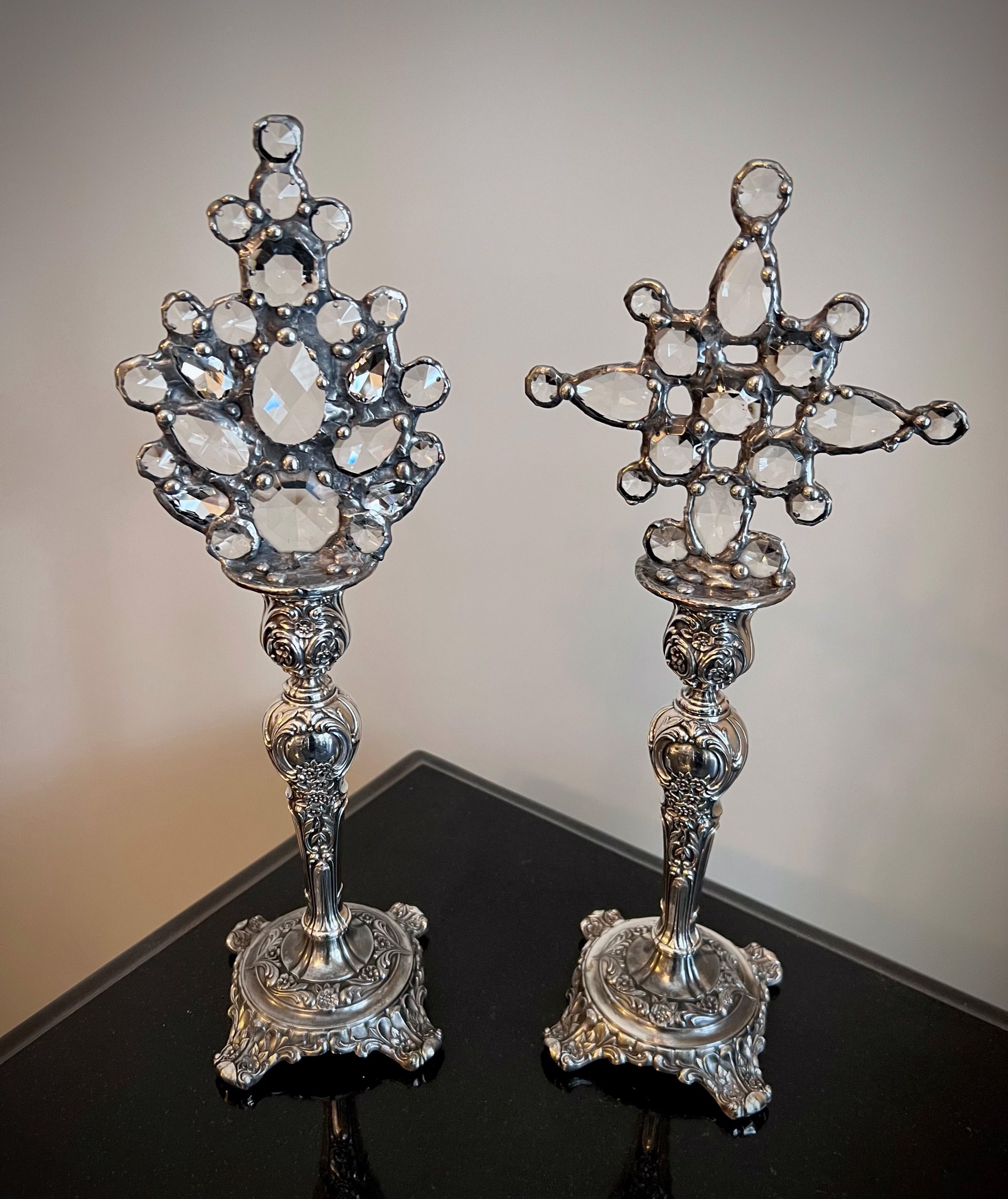 Crystals on 16-inch Antique Silver Candle Holders by Trinka 5 Designs
