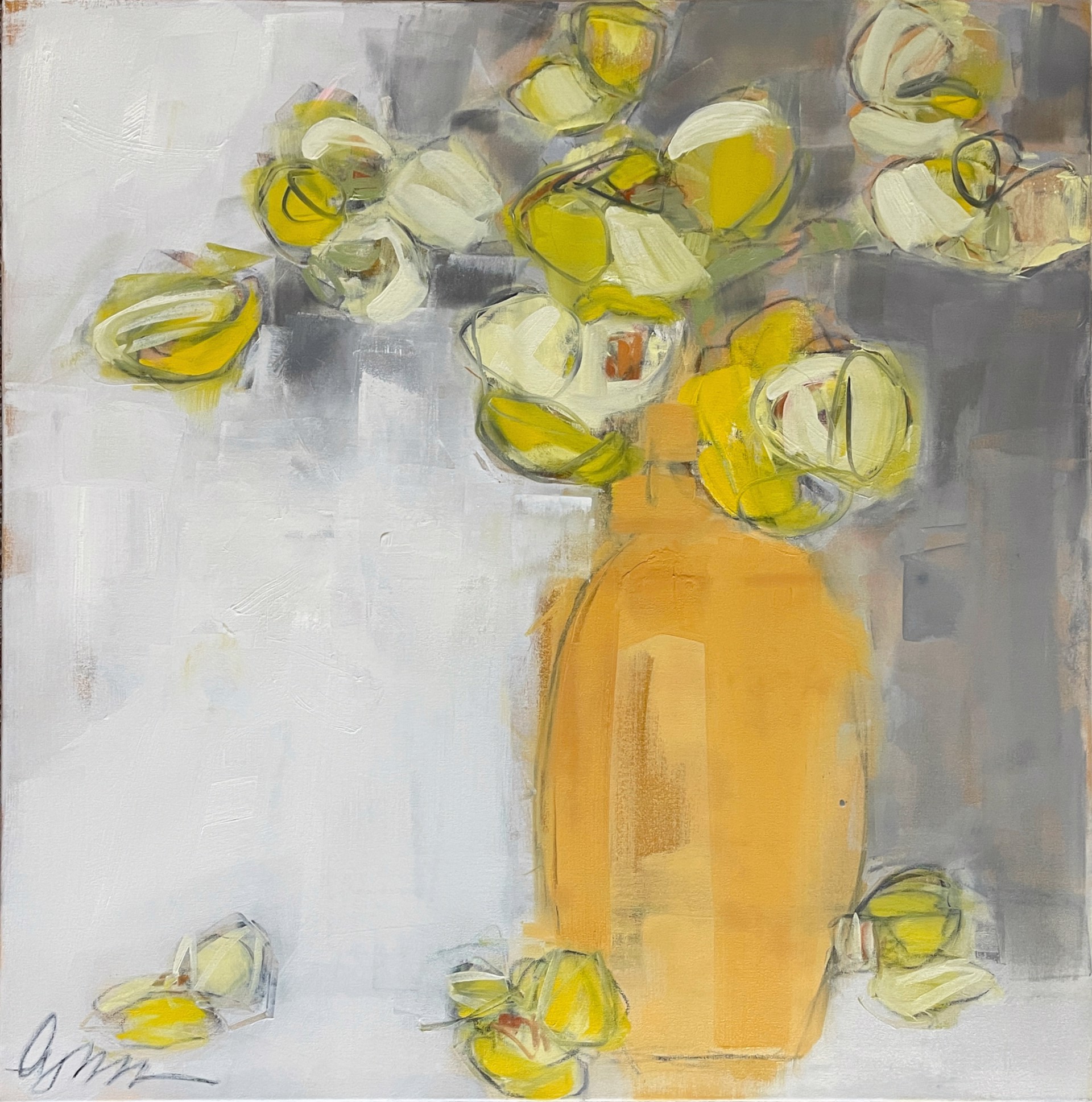 Citrus by Atlanta artist and painter Lynn Johnson is a 40"H x 40"W abstract floral painting made of oil and graphite.