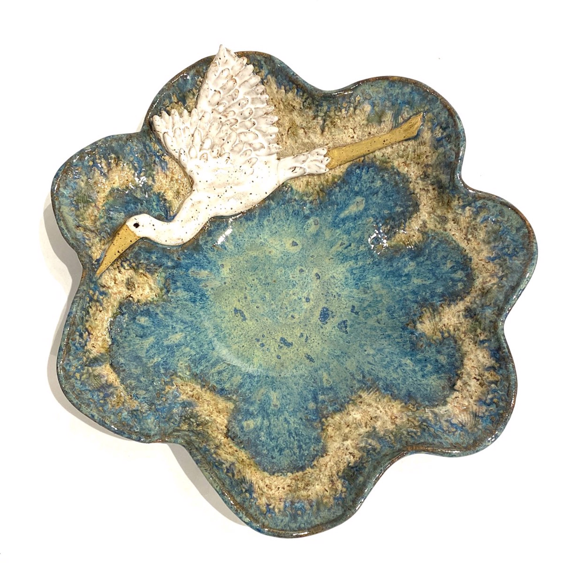 LG23-994  Large Round Scalloped Bowl with Heron (Blue Glaze) by Jim & Steffi Logan