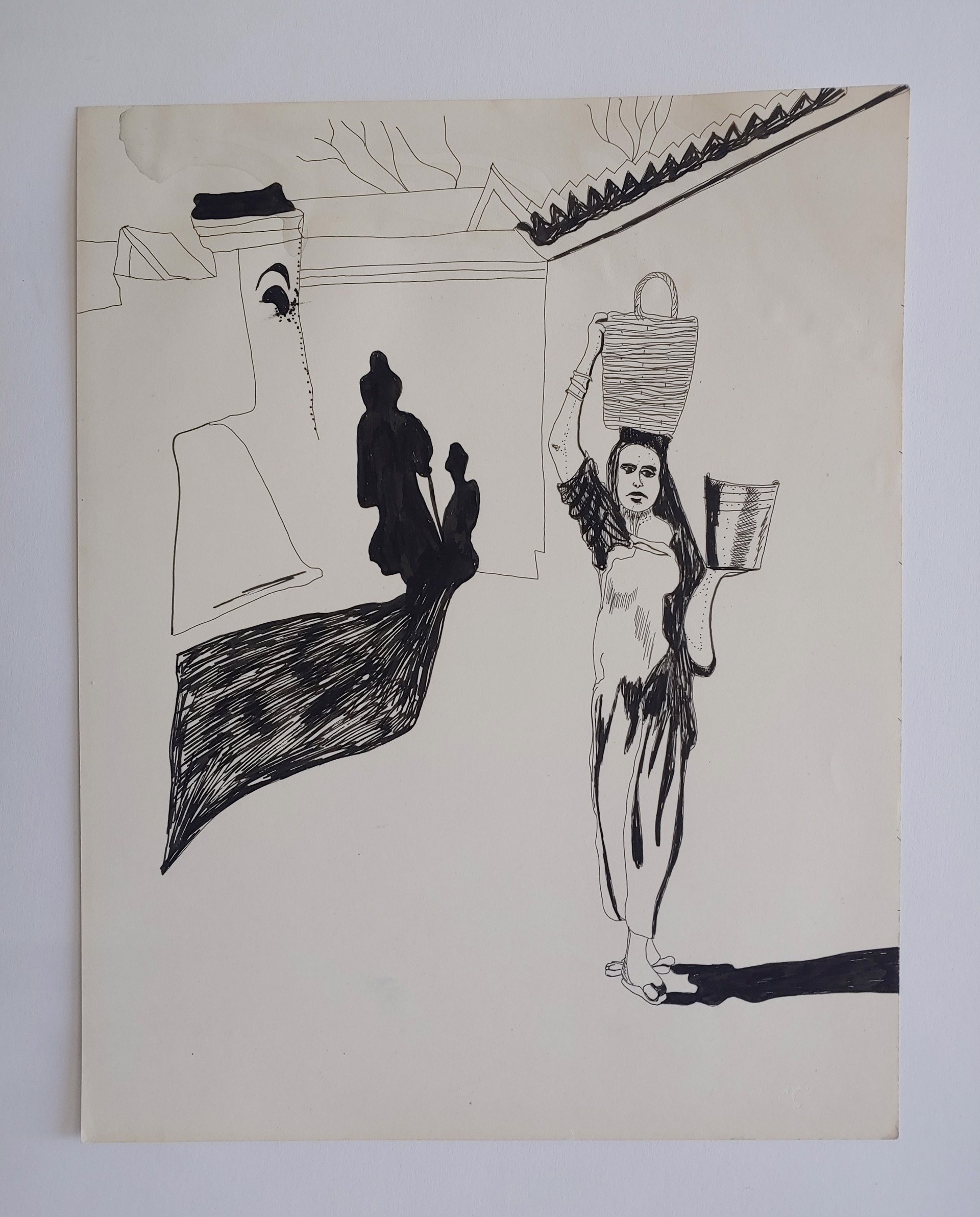 Woman Carrying Basket - Drawing by David Amdur