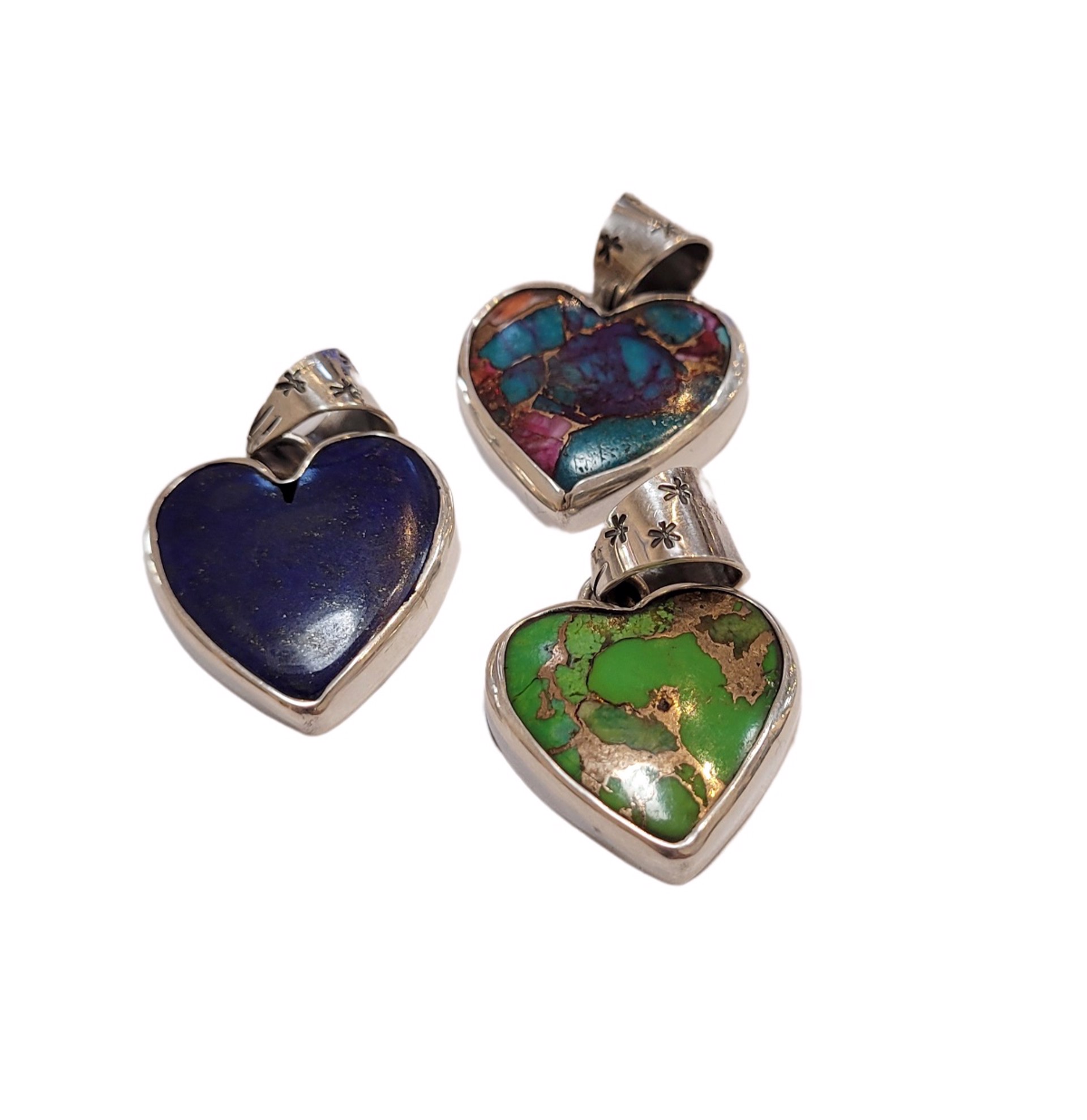 Pendant - Sterling Silver and Assorted Stones Hearts Medium
