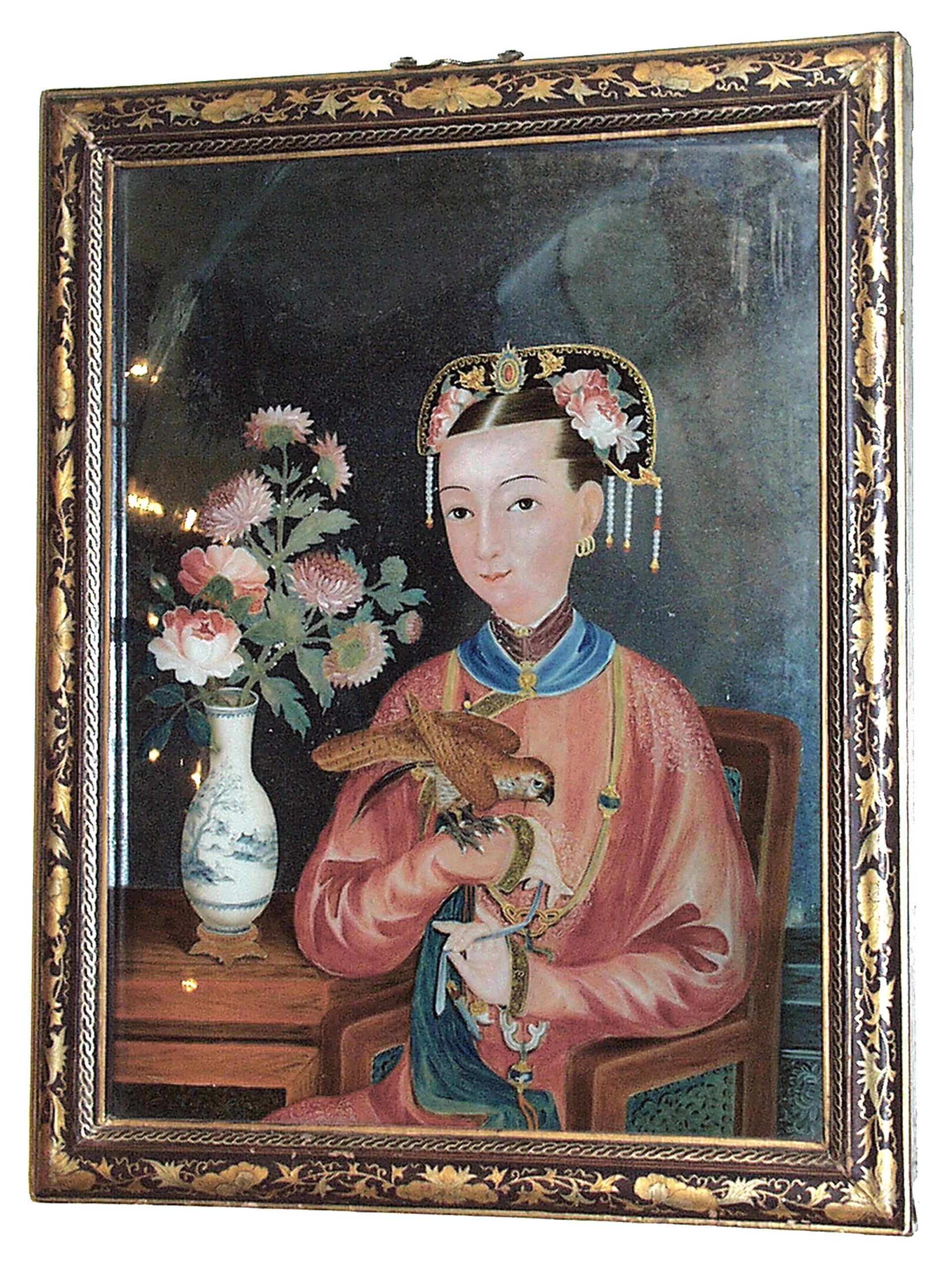 CHINESE REVERSE PAINTING ON GLASS OF A SEATED LADY AND HAWK