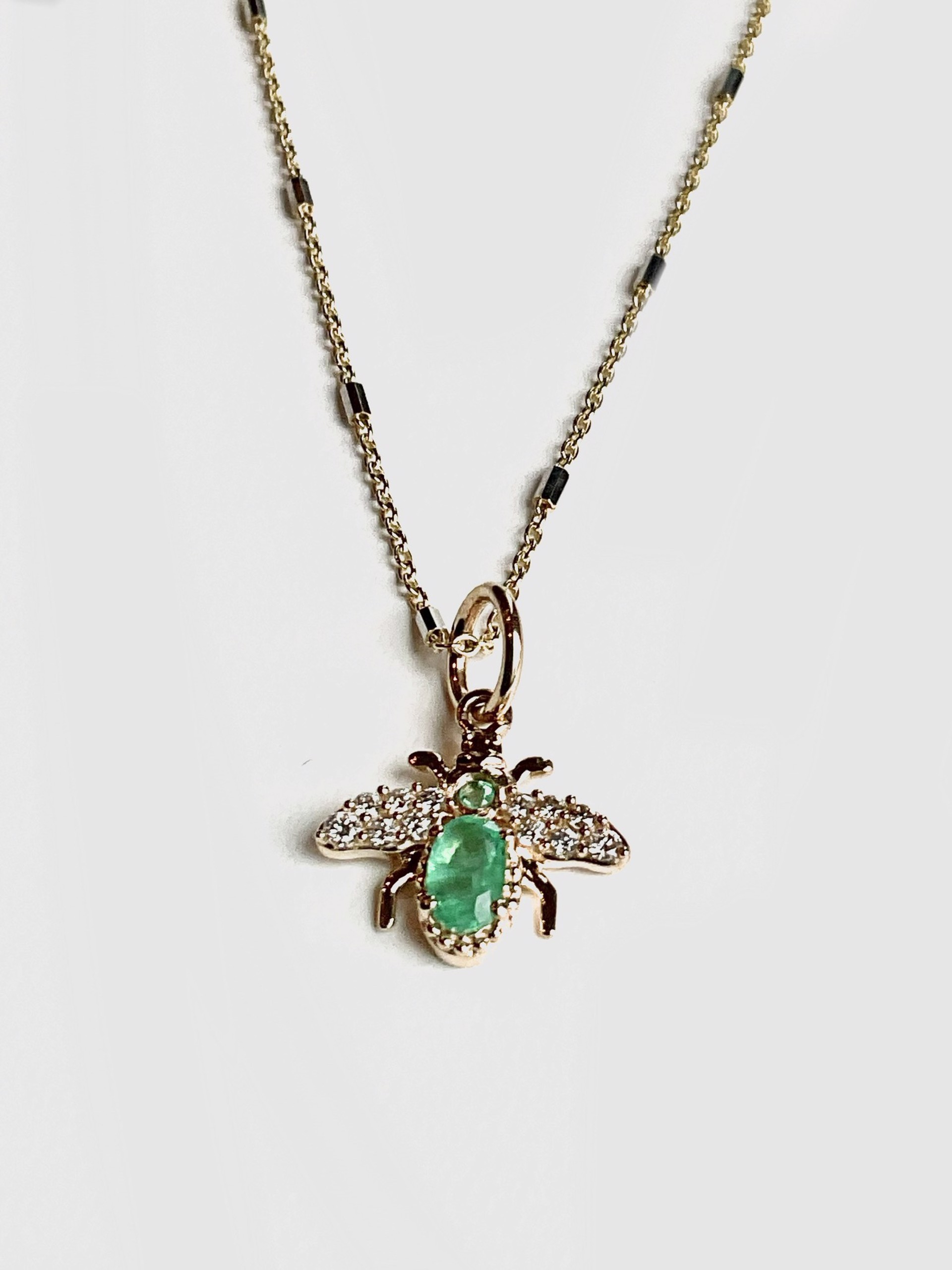 KB-N111 14K Gold Cable and Bar Chain Diamond and Emerald Bee by Karen Birchmier