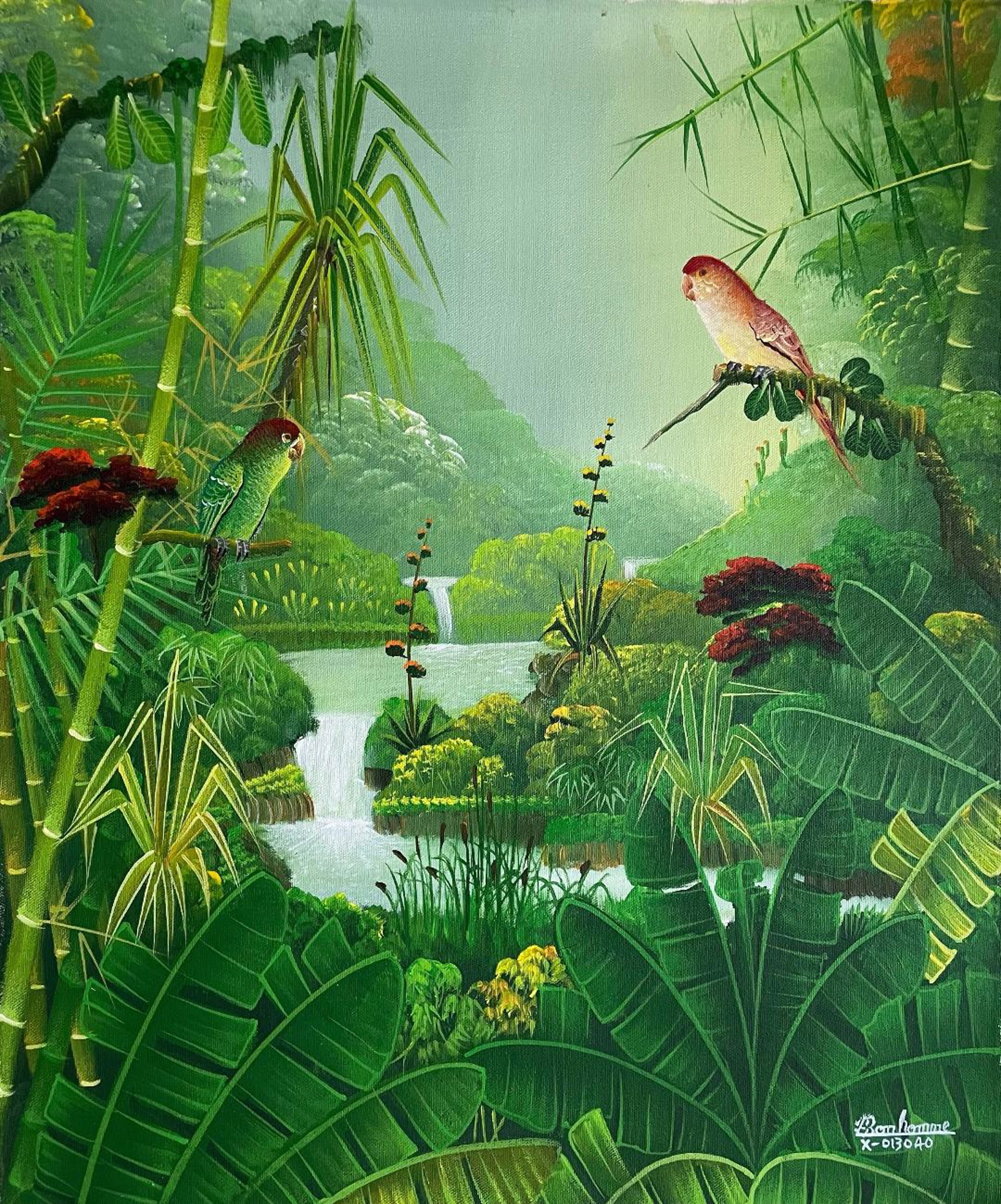 Green & Yellow Birds & Cascade #21MFN by Albott Bonhomme (Haitian, b. 1963)