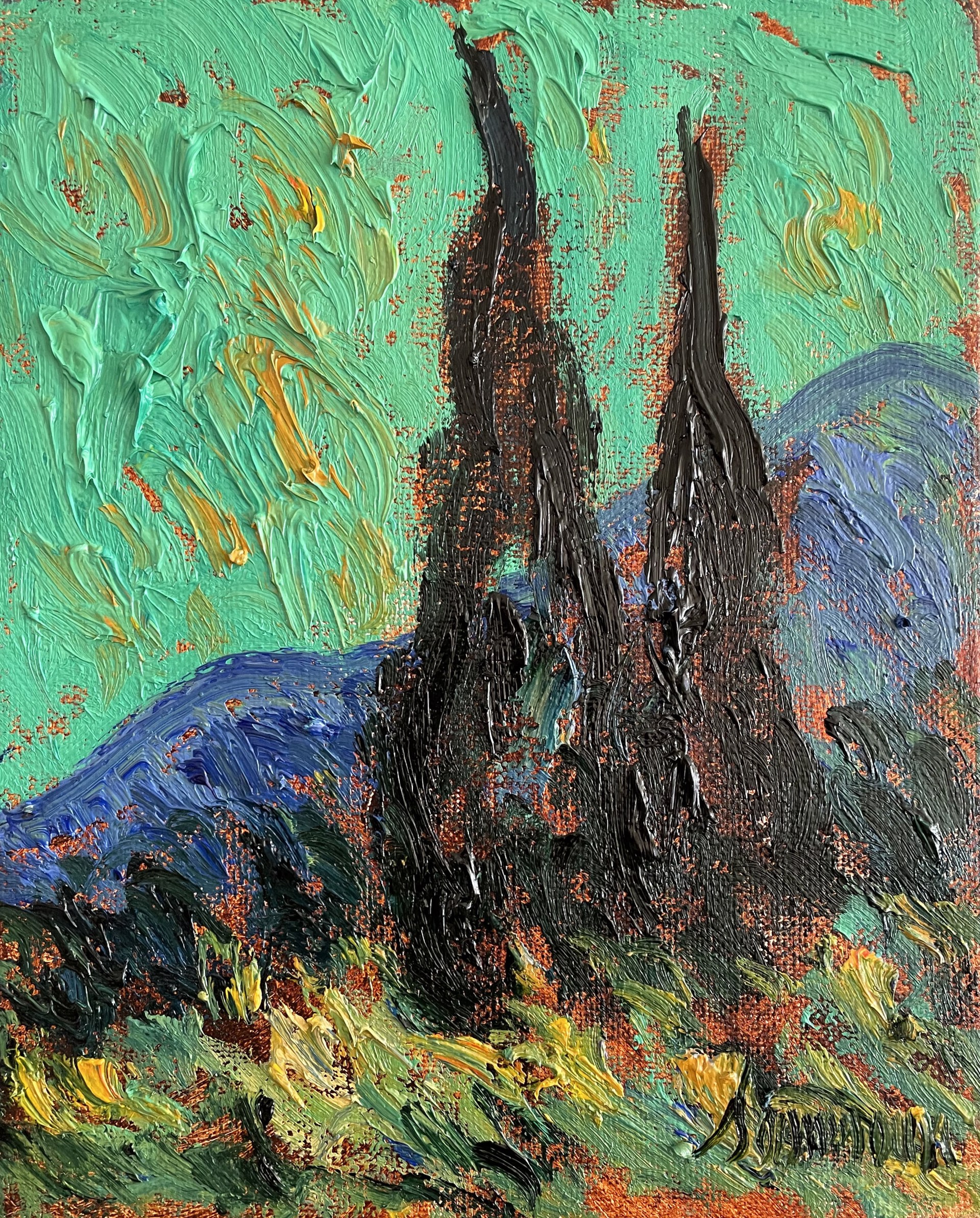 Deux cyprès et Mont Liban, étude by Samir Sammoun