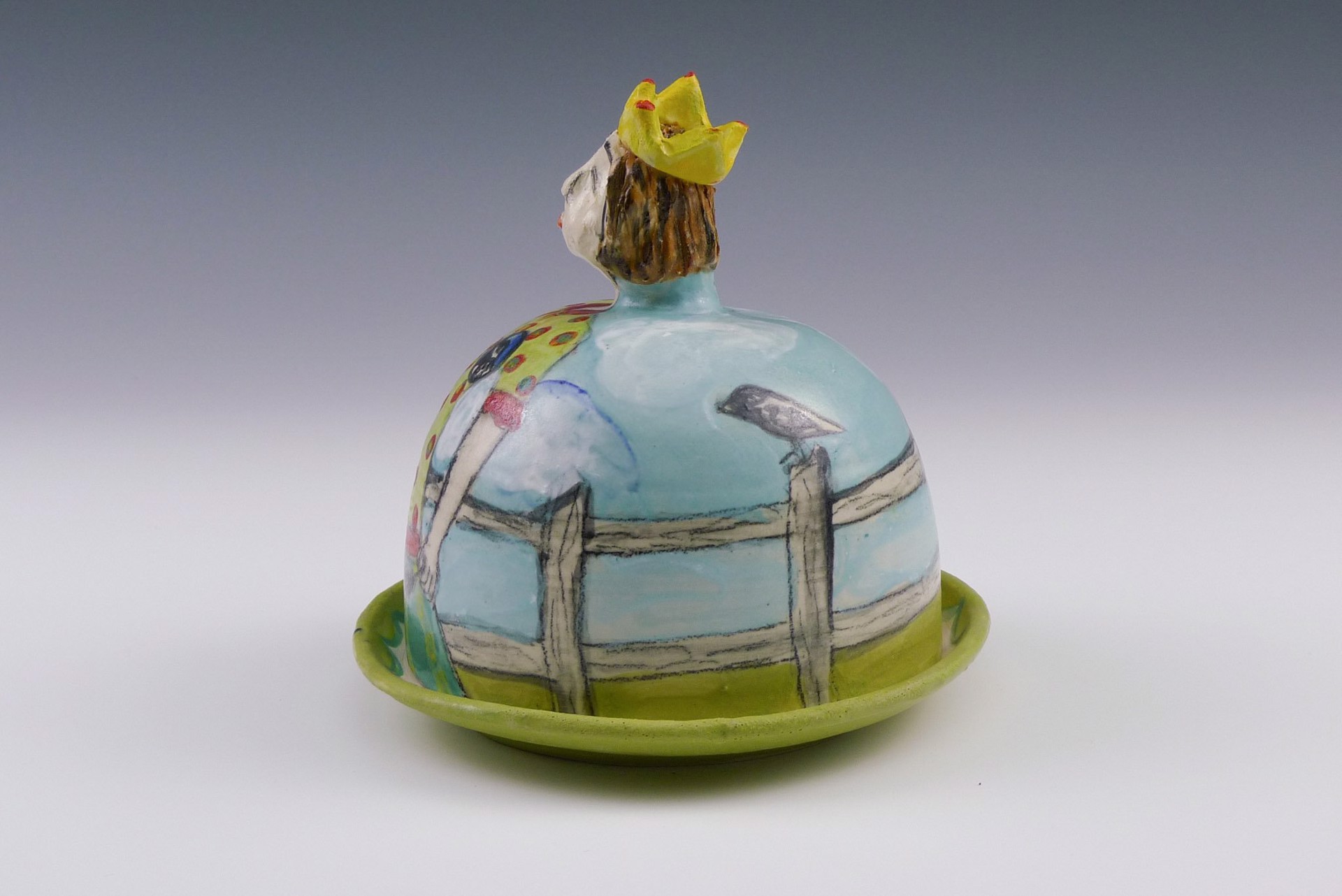 Girl with Birds Butter Dish by Wendy Olson