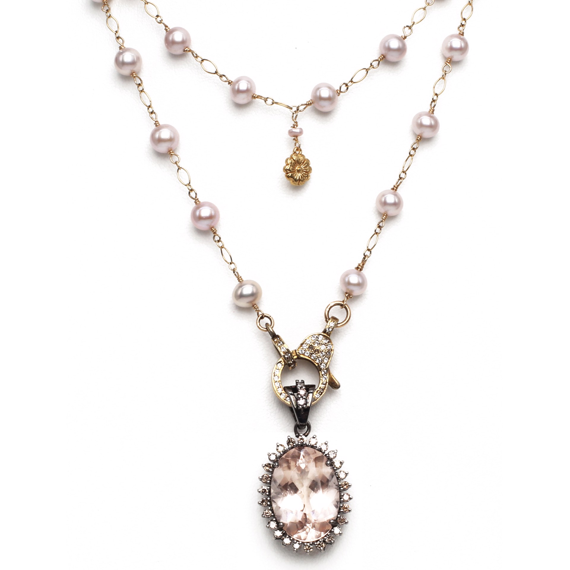 MLJ-3350-N- Large faceted morganite gemstone pendant surrounded by diamonds on a handmade chain of all natural color, slightly pink pearls with a pave diamond lobster clasp. by Melinda Lawton Jewelry