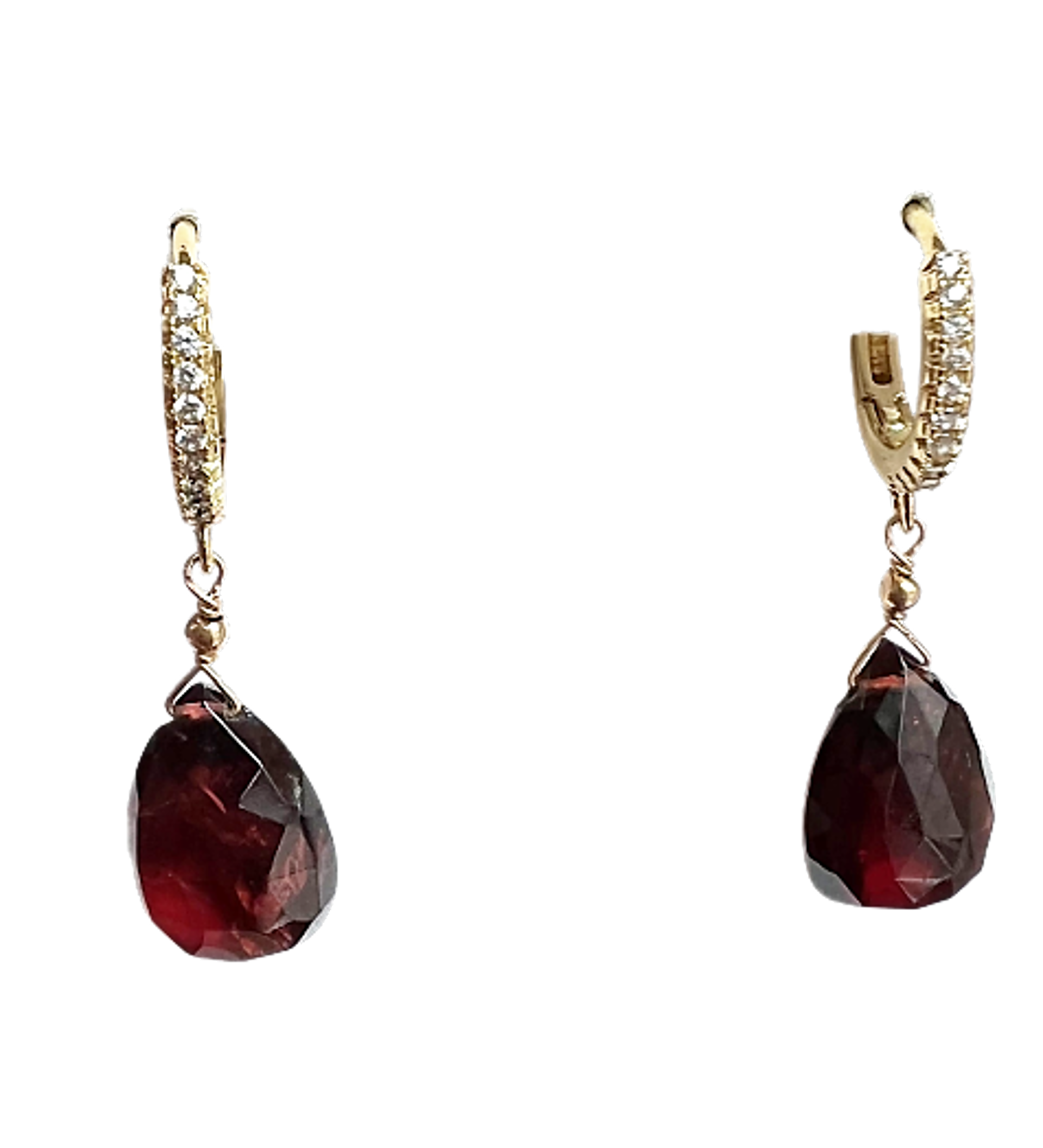 Garnet Briolette Earrings with Pave White Topaz Huggies - 14K Gold Filled by Melinda Lawton Jewelry