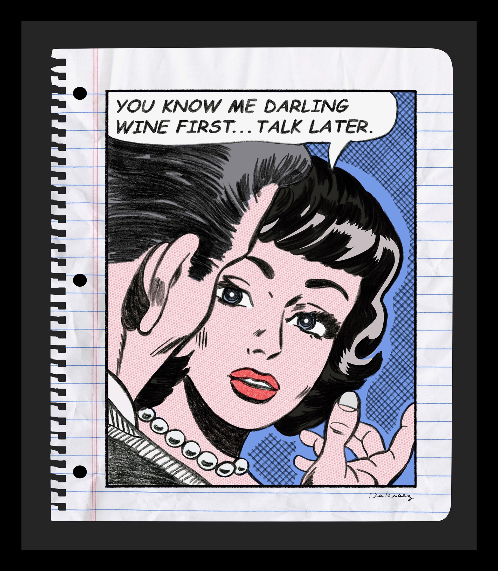 Wine First- Mounted on white and a white frame by Nelson De La Nuez