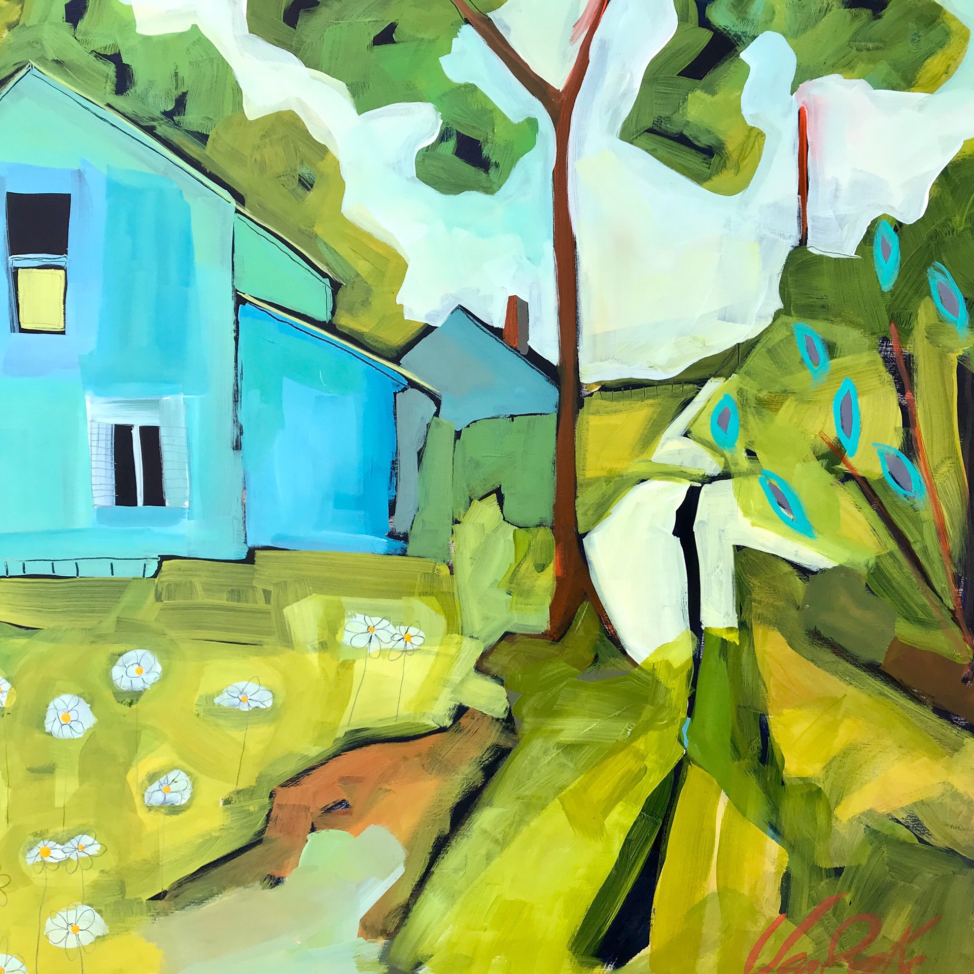 Blue House with Yellow and  Lilac Bush by Rachael Van Dyke