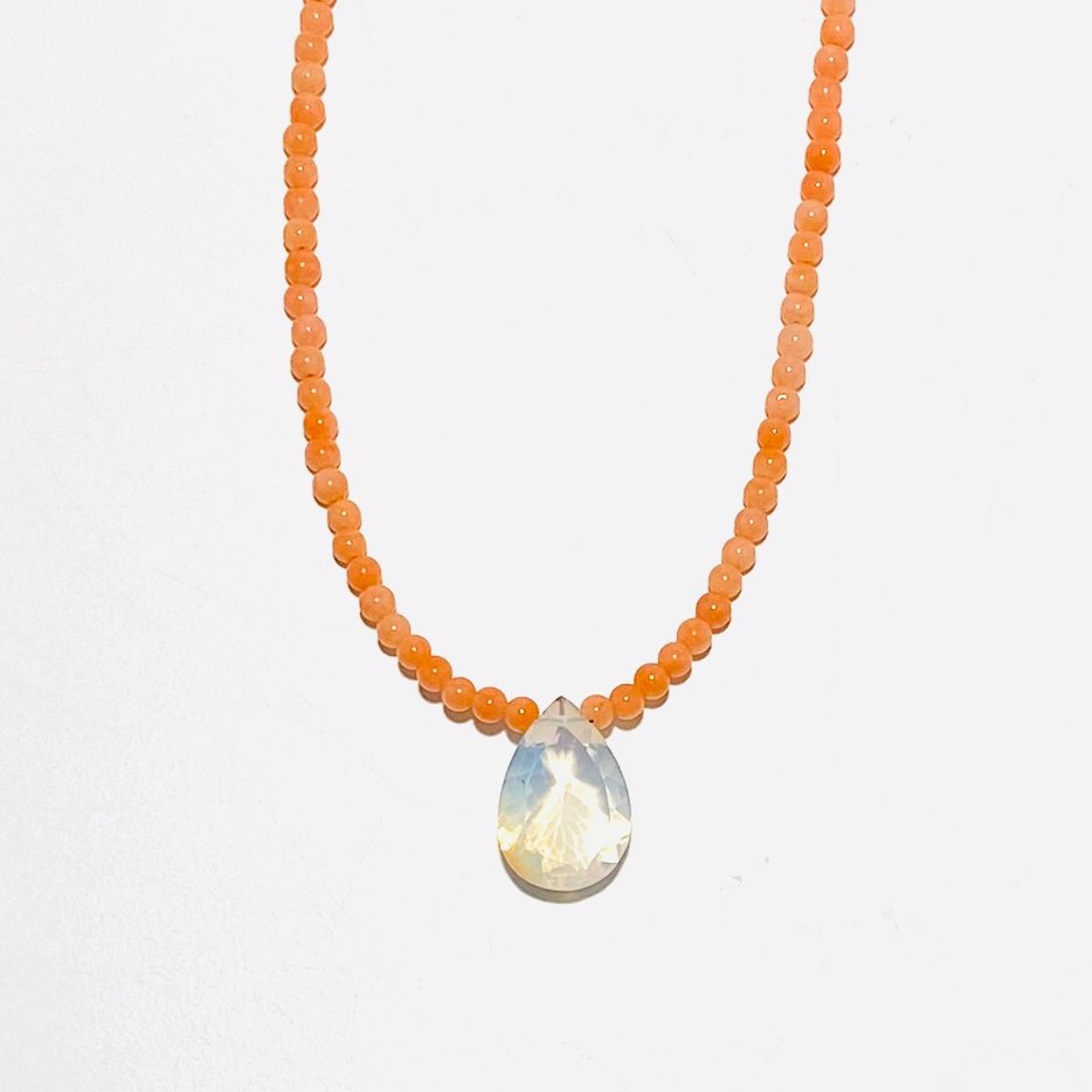 Tiny Coral Bead, Large Faceted Fire Opal Necklace NT23-85 by Nance Trueworthy