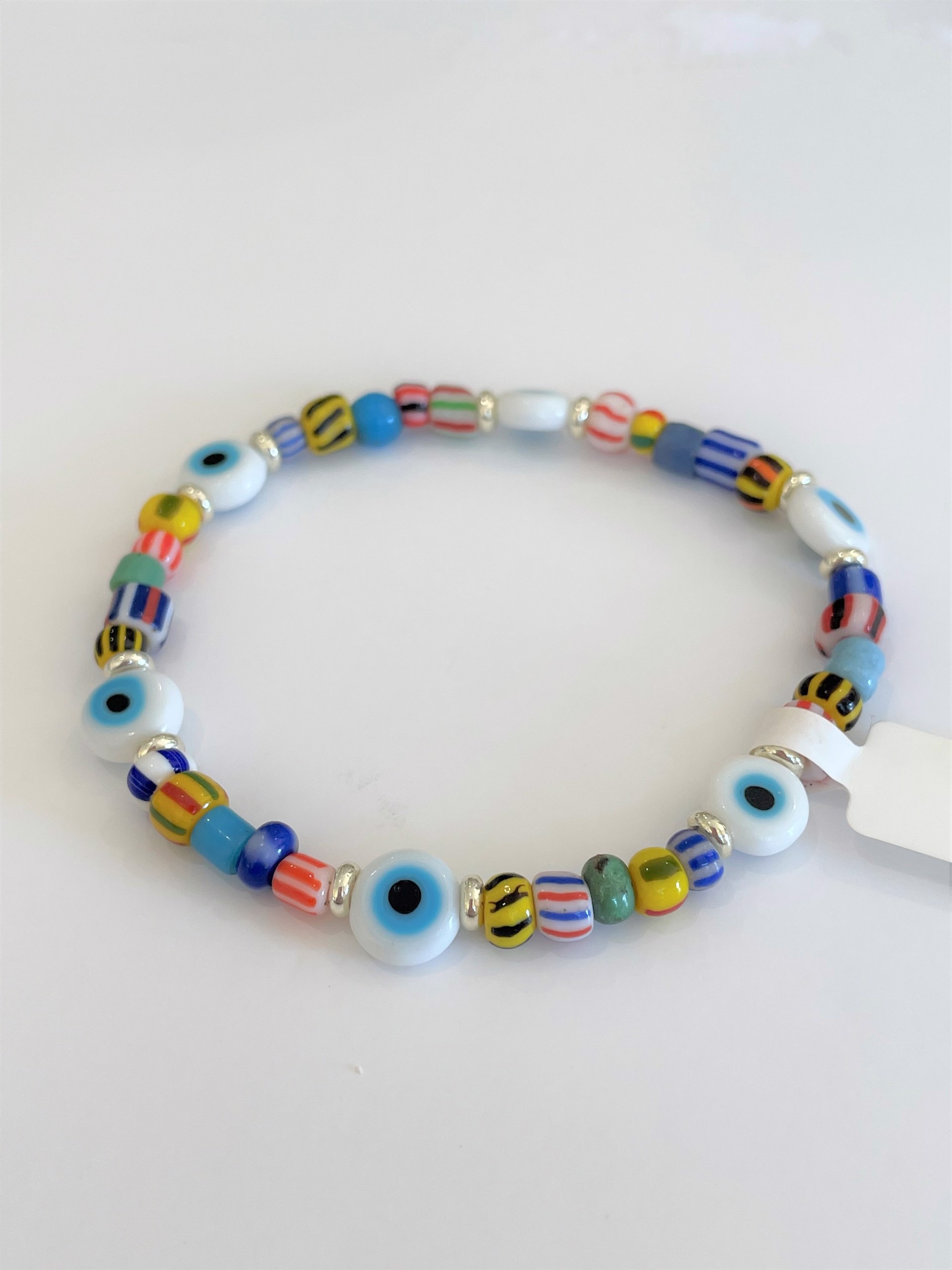 African Trade Beads with White Evil Eye Bracelet by Emelie Hebert