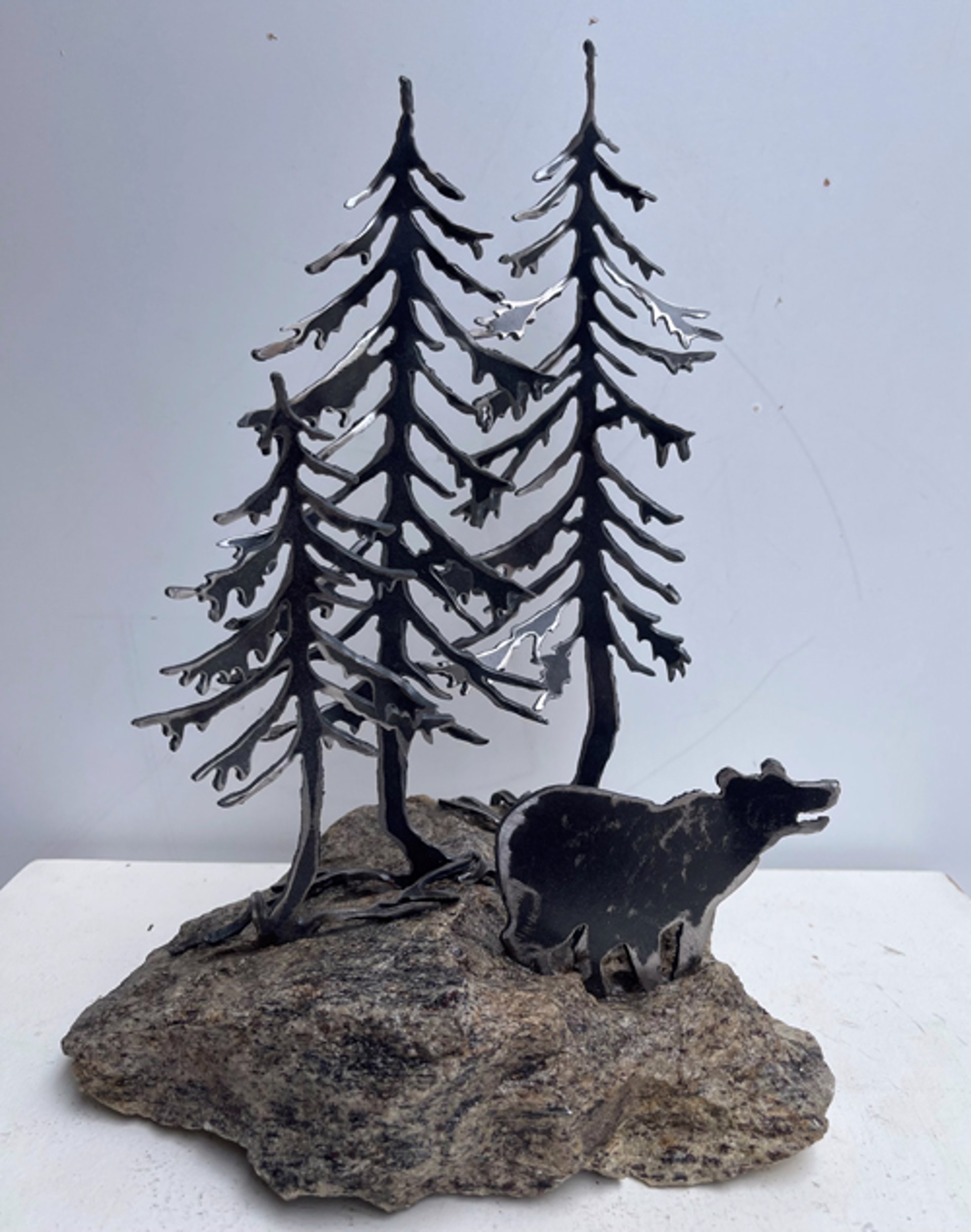 Three Jack Pine on Rock with Bear by Cathy Mark