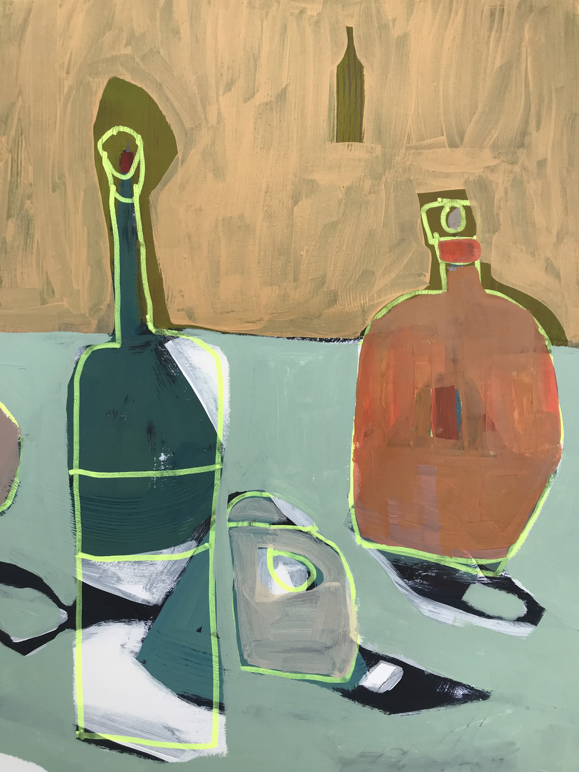 Five Bottles on Seafoam Green by Rachael Van Dyke