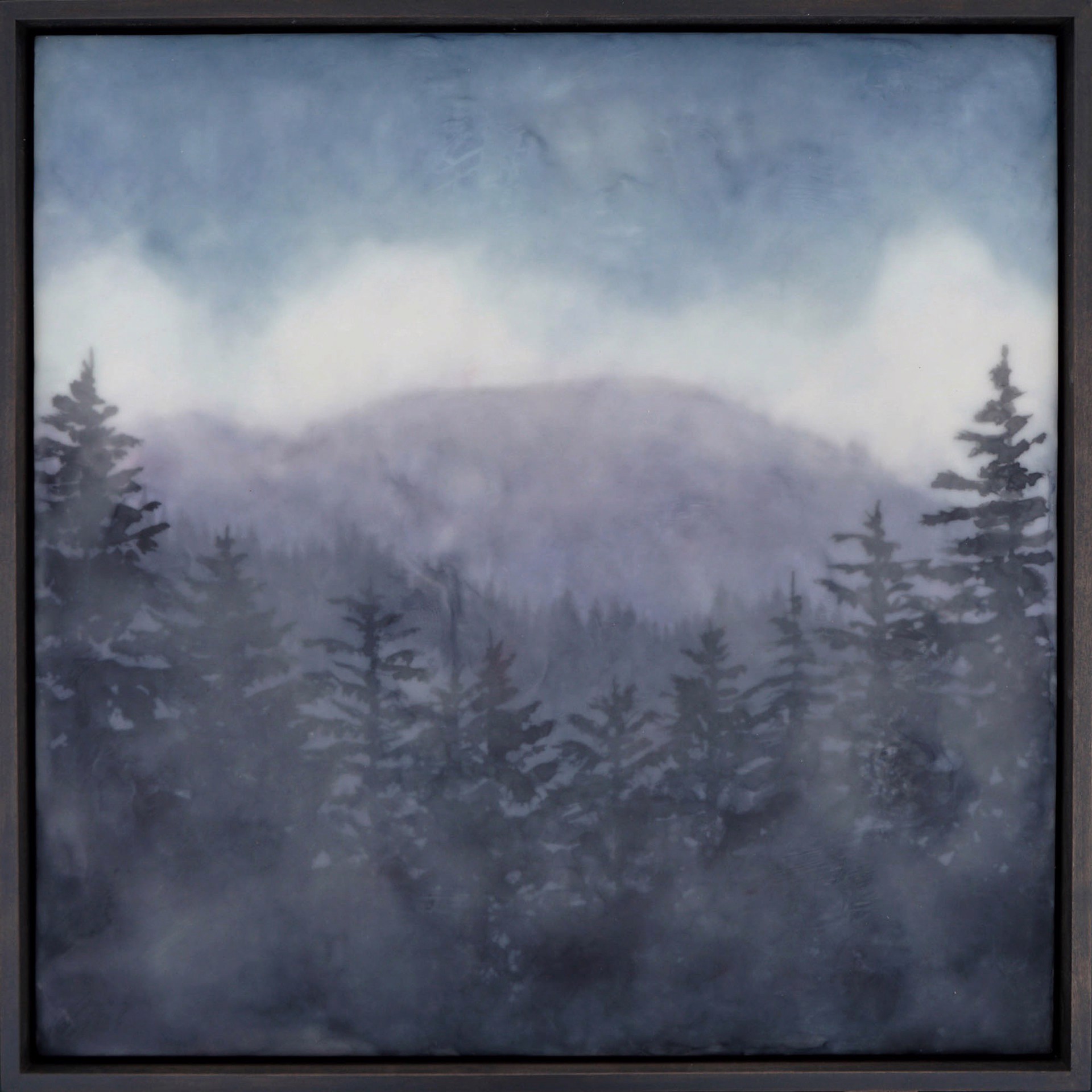 Original Encaustic Landscape Painting By Bridgette Meinhold Featuring Distant Mountain Through Pine Trees