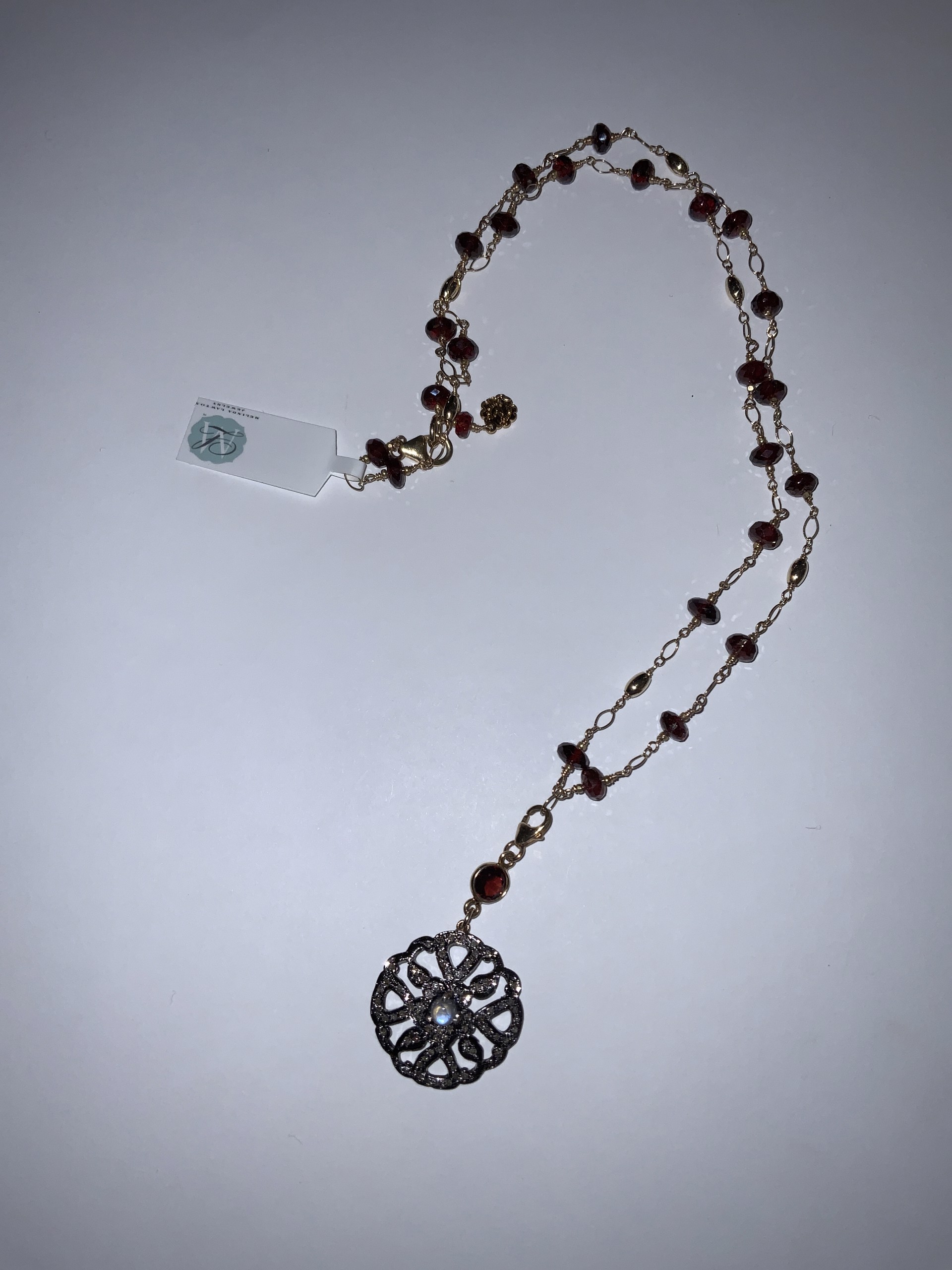 Pave Diamonds, garnet, moonstone necklace by Melinda Lawton Jewelry