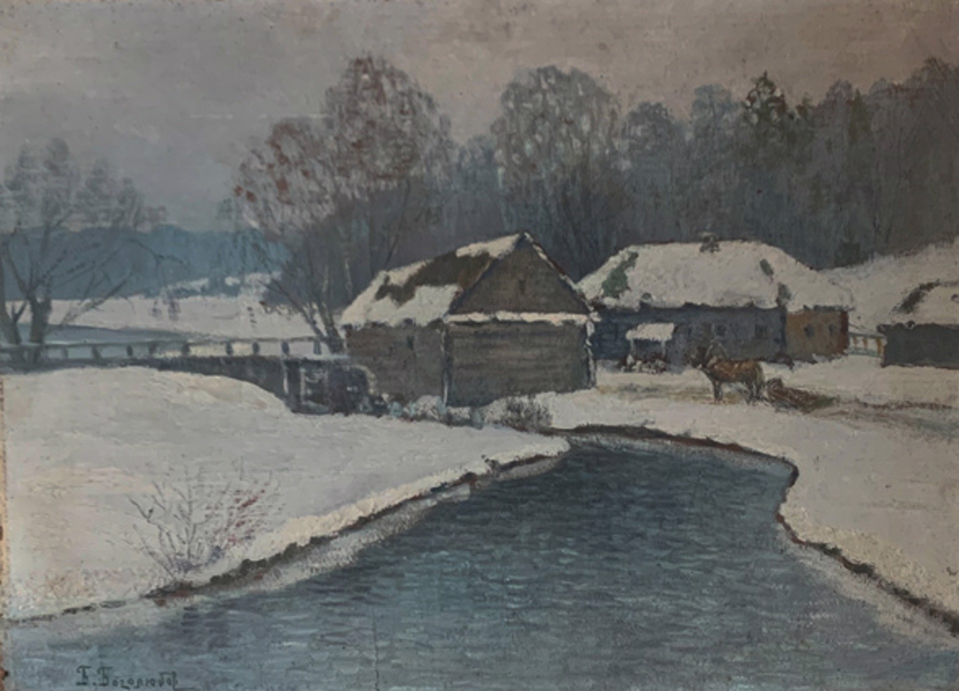 Russian Winter Farm Scene by Boris Bogoljubov