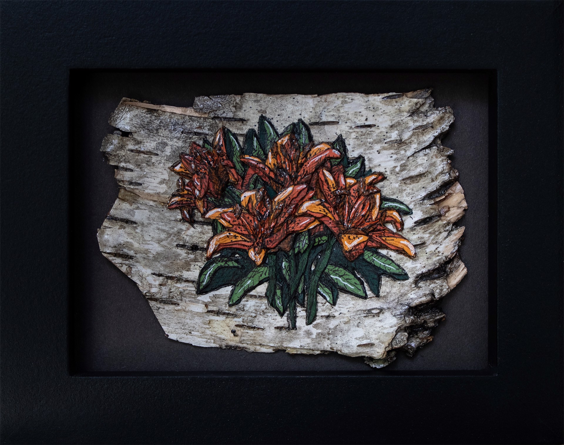 Tiger Lillies Collage on Bark by Willow Bayer