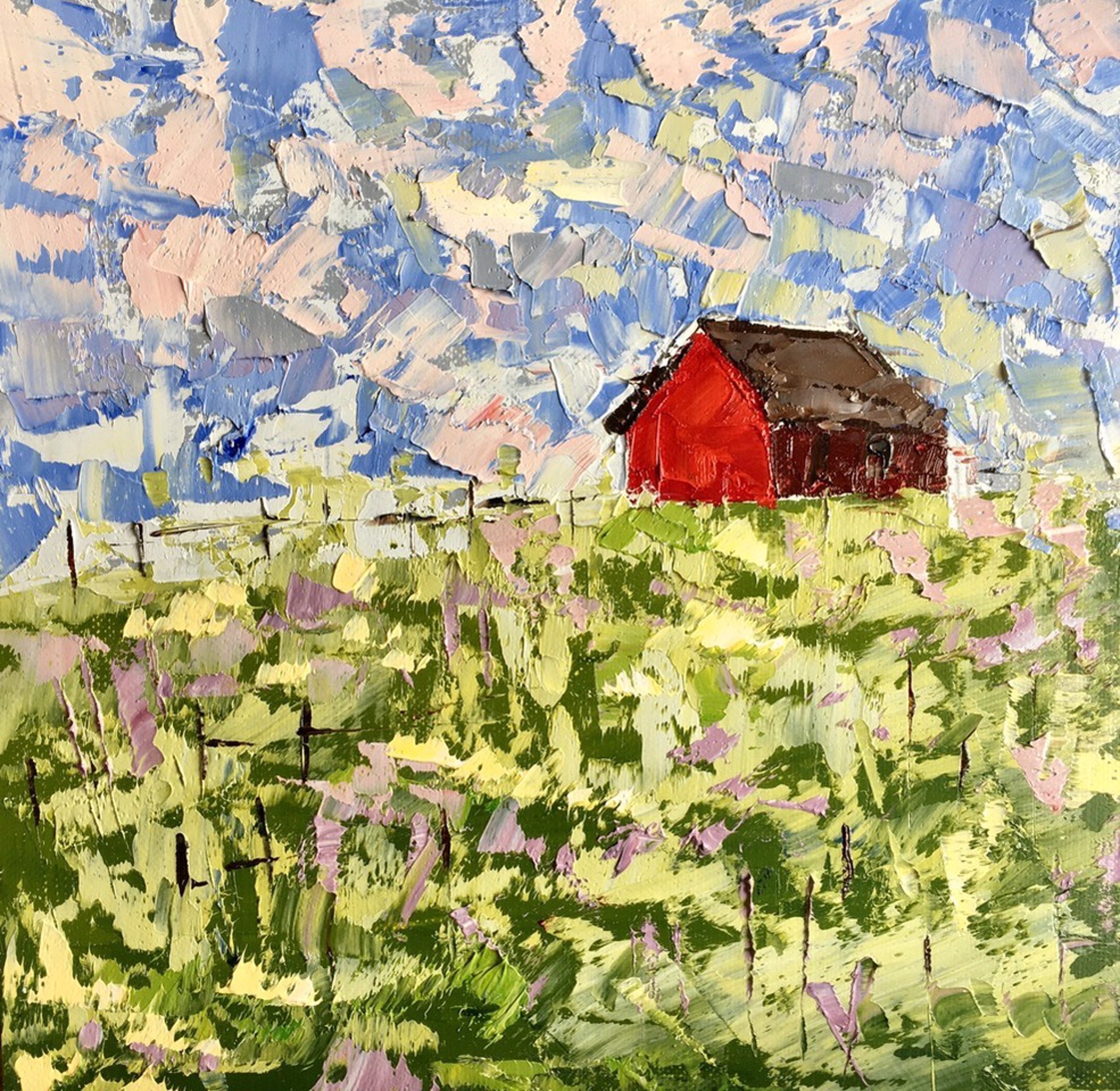 Red Barn with Flowers (SOLD) by SANDRA PRATT
