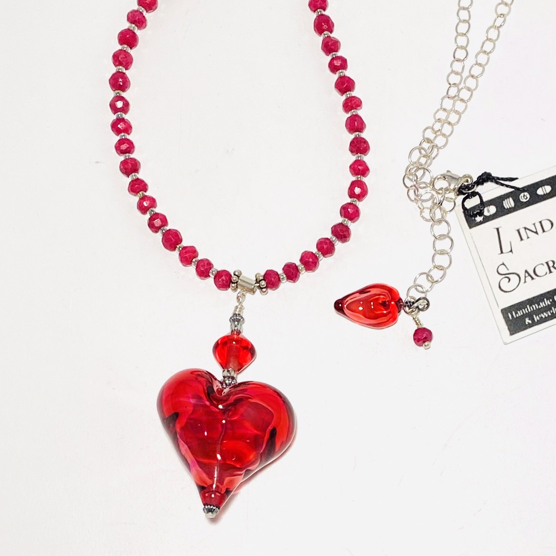 Ruby Gold Hollow Built Heart Faceted Ruby Bead and Sterling Chain Necklace by Linda Sacra