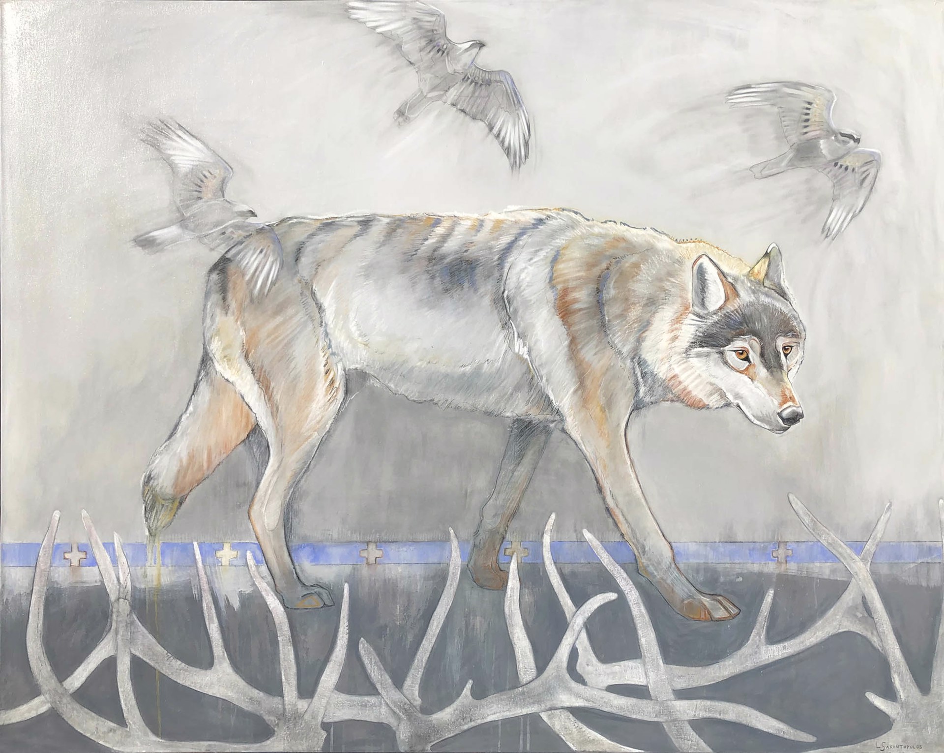 Original Mixed Media Painting Featuring A wolf Walking Across Gray Background With Birds In Flight Overhead And Antlers In The Foreground