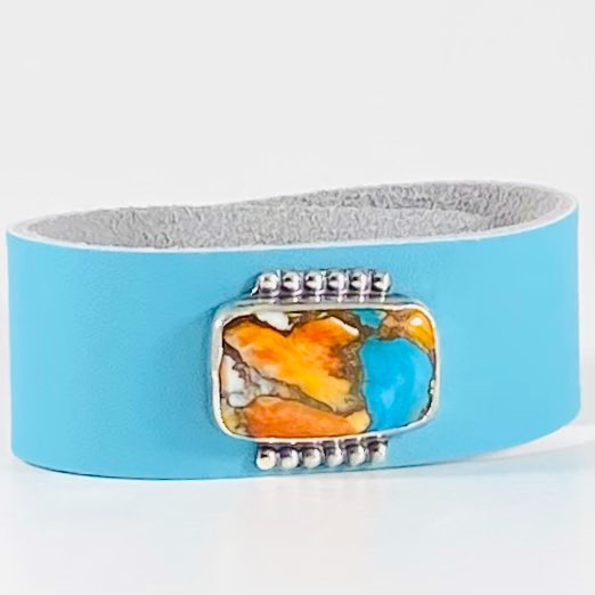 Spiney Oyster and Kingsman Turquoise with Bead accent on Teal Leather Bracelet AB22-64 by Anne Bivens