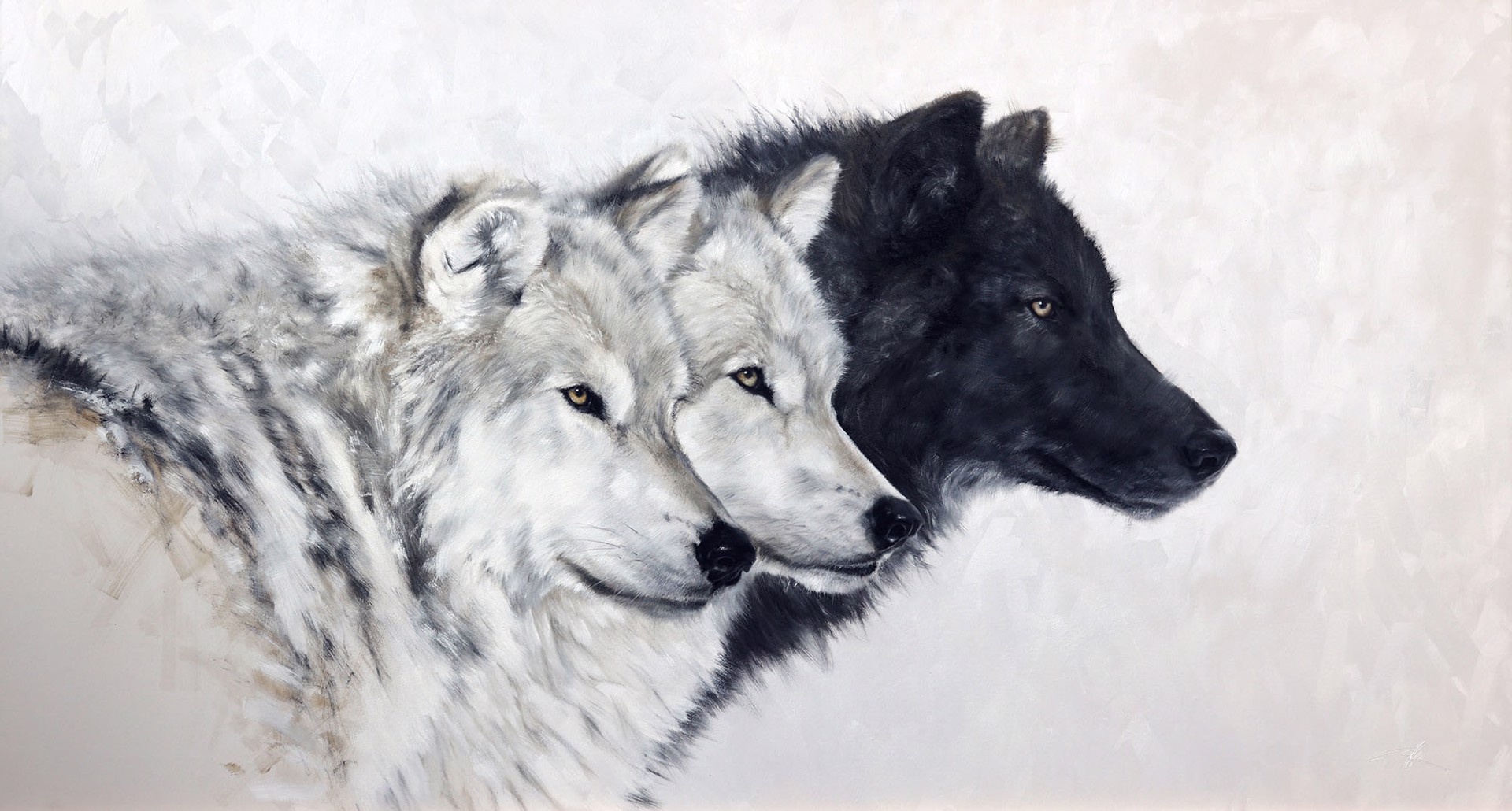 Original Oil Painting By Doyle Hostetler Featuring Two Gray Wolves And One Black Wolf In A Line From Side Profile