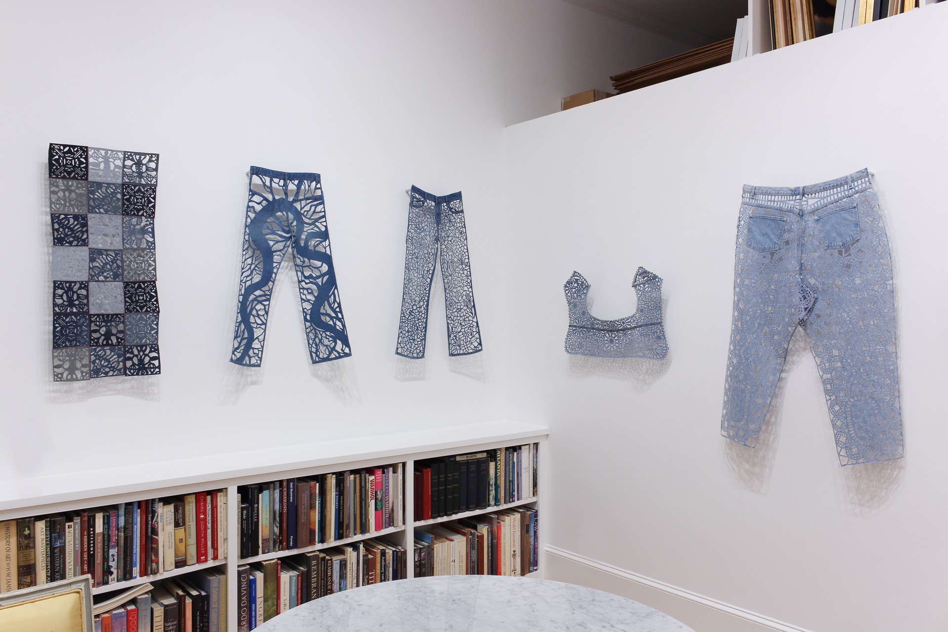 Meticulously Distressed Denim Jeans, Honiton Lace by Libby Newell