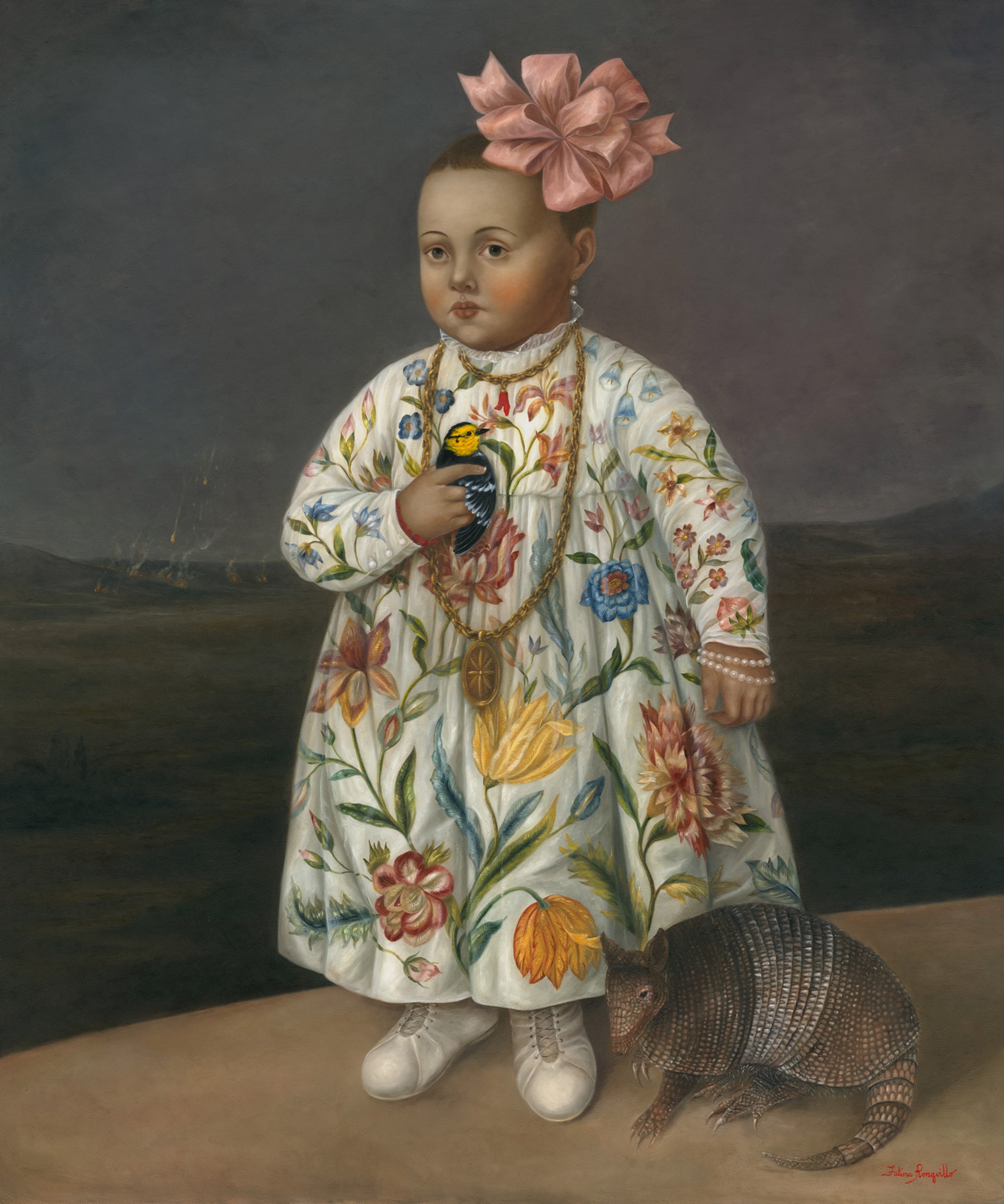 Child with Armadillo and Golden-Cheeked Warbler by Fatima Ronquillo