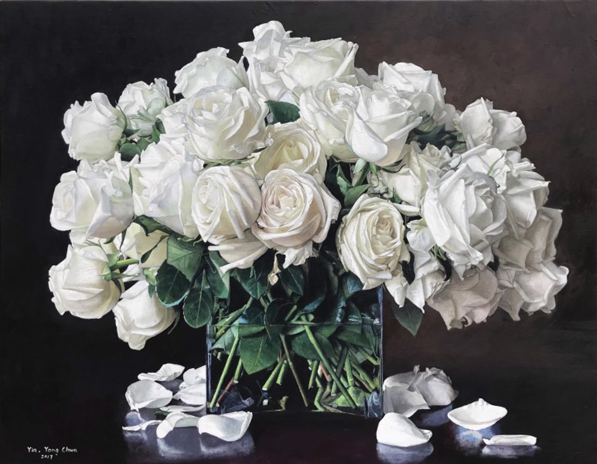 A Glass Vase of White Roses by Yin Yong Chun