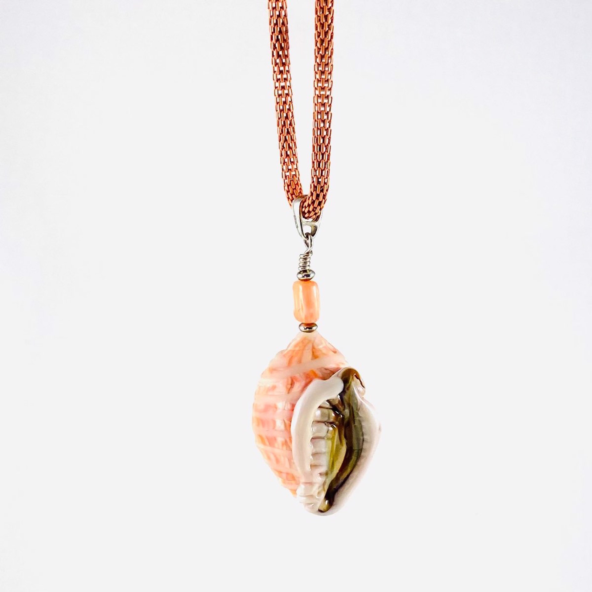 Coral and Ivory Shell Pendant on Coral Mesh Chain Necklace LS21-445N by Linda Sacra