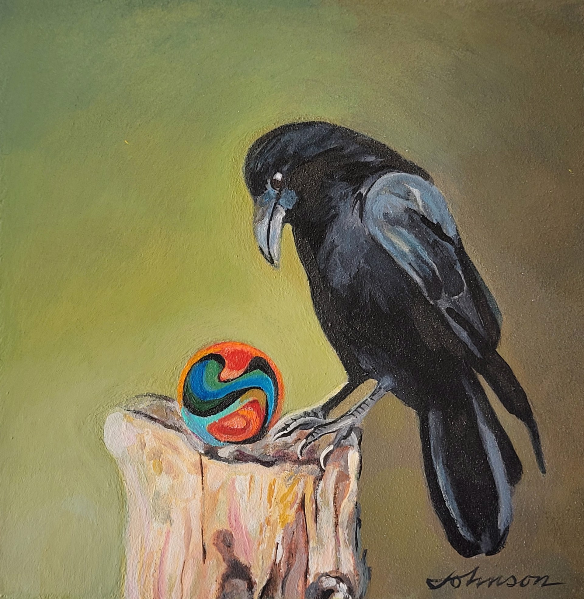 Crow with Marble (Black Bird) by Nancy Johnson