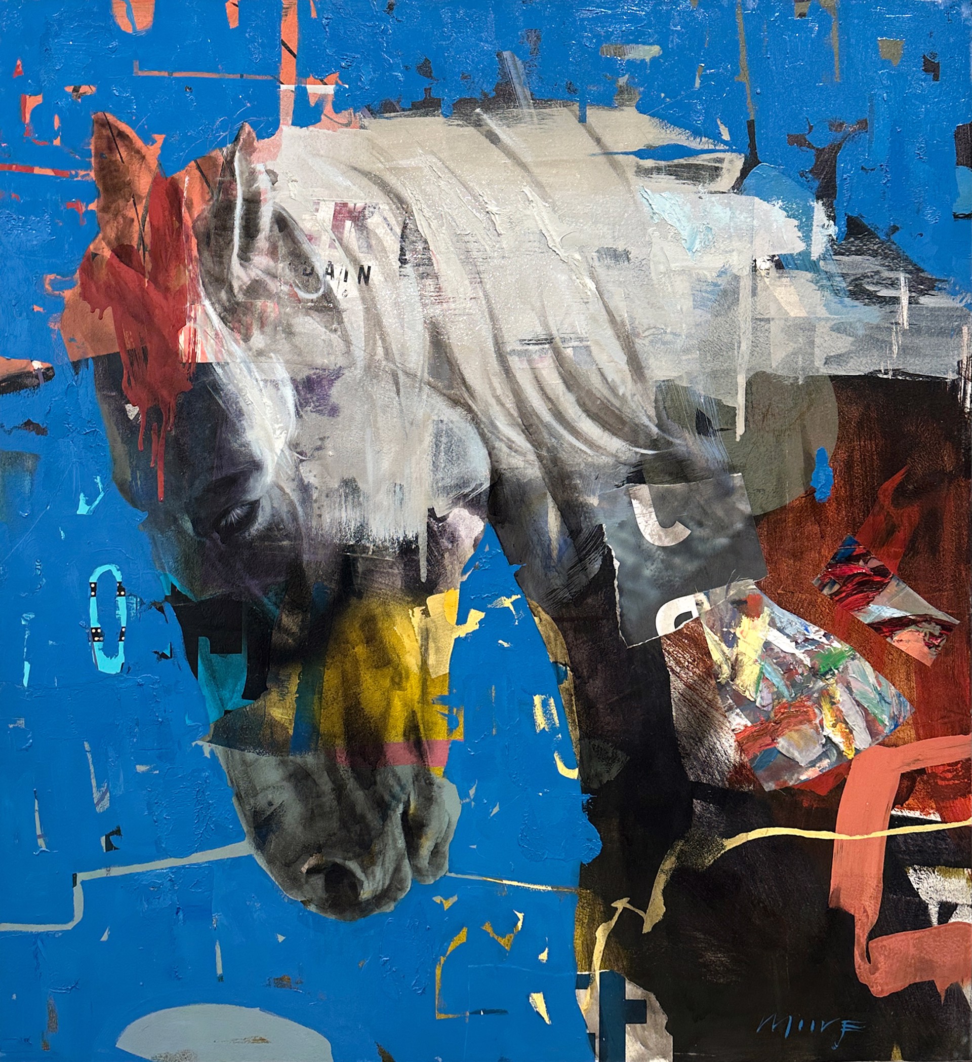 Original Oil Painting By Larry Moore Of Horse Head With Blue Background