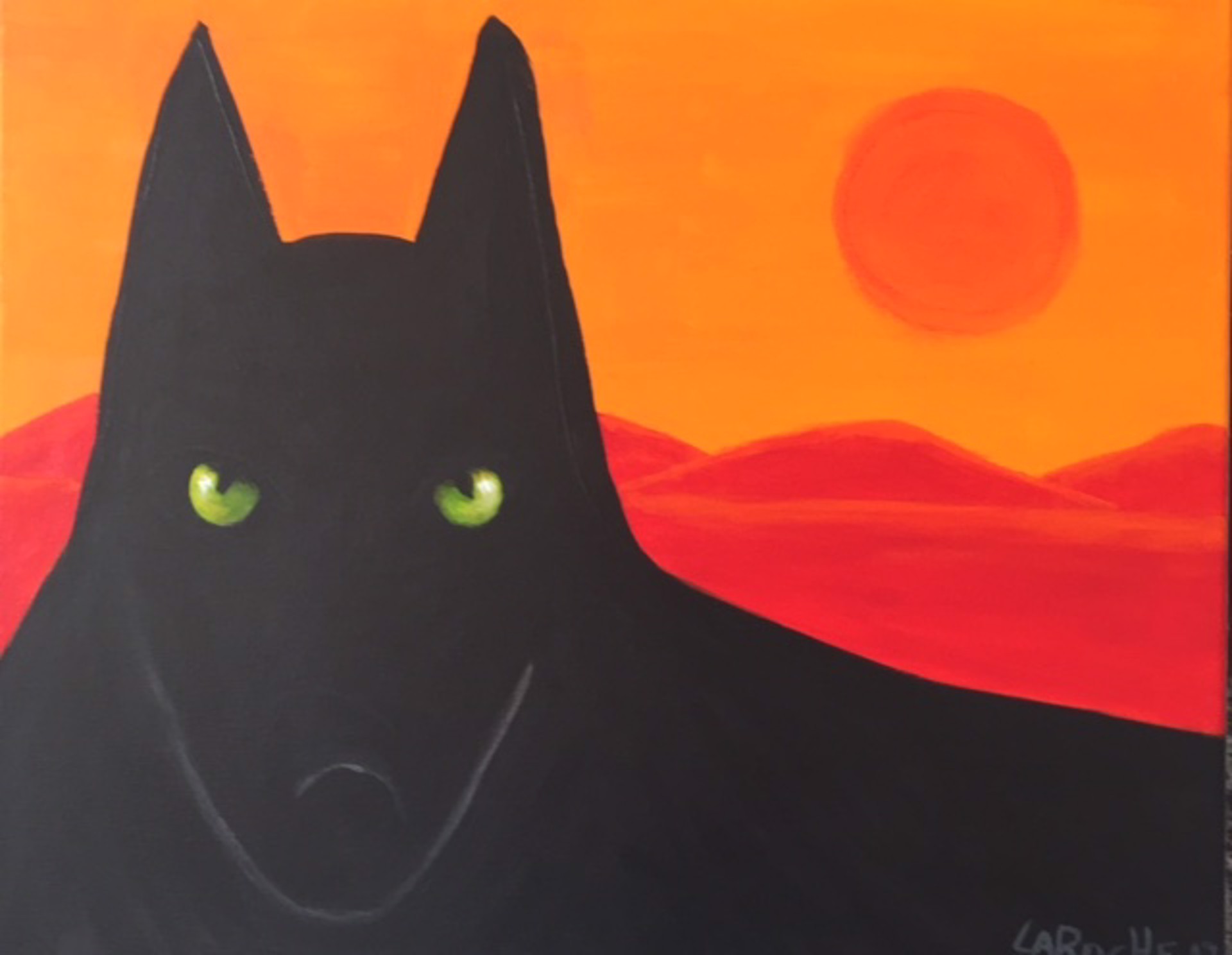Black Wolf with Orange Sun by Carole LaRoche