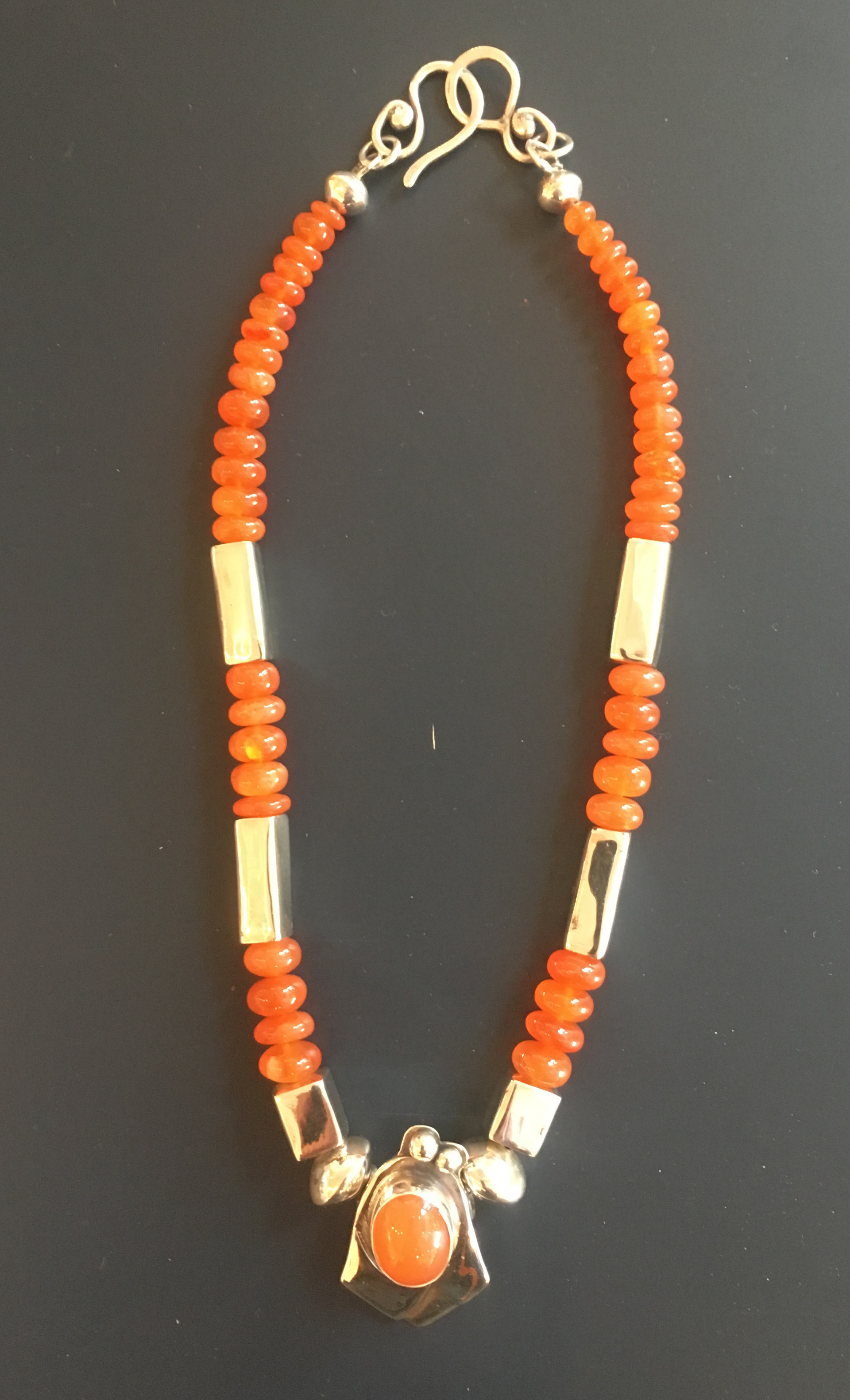 Sterling Carnelian Beads w/Sterling Orange Chalcedony Pendent by Anne Forbes
