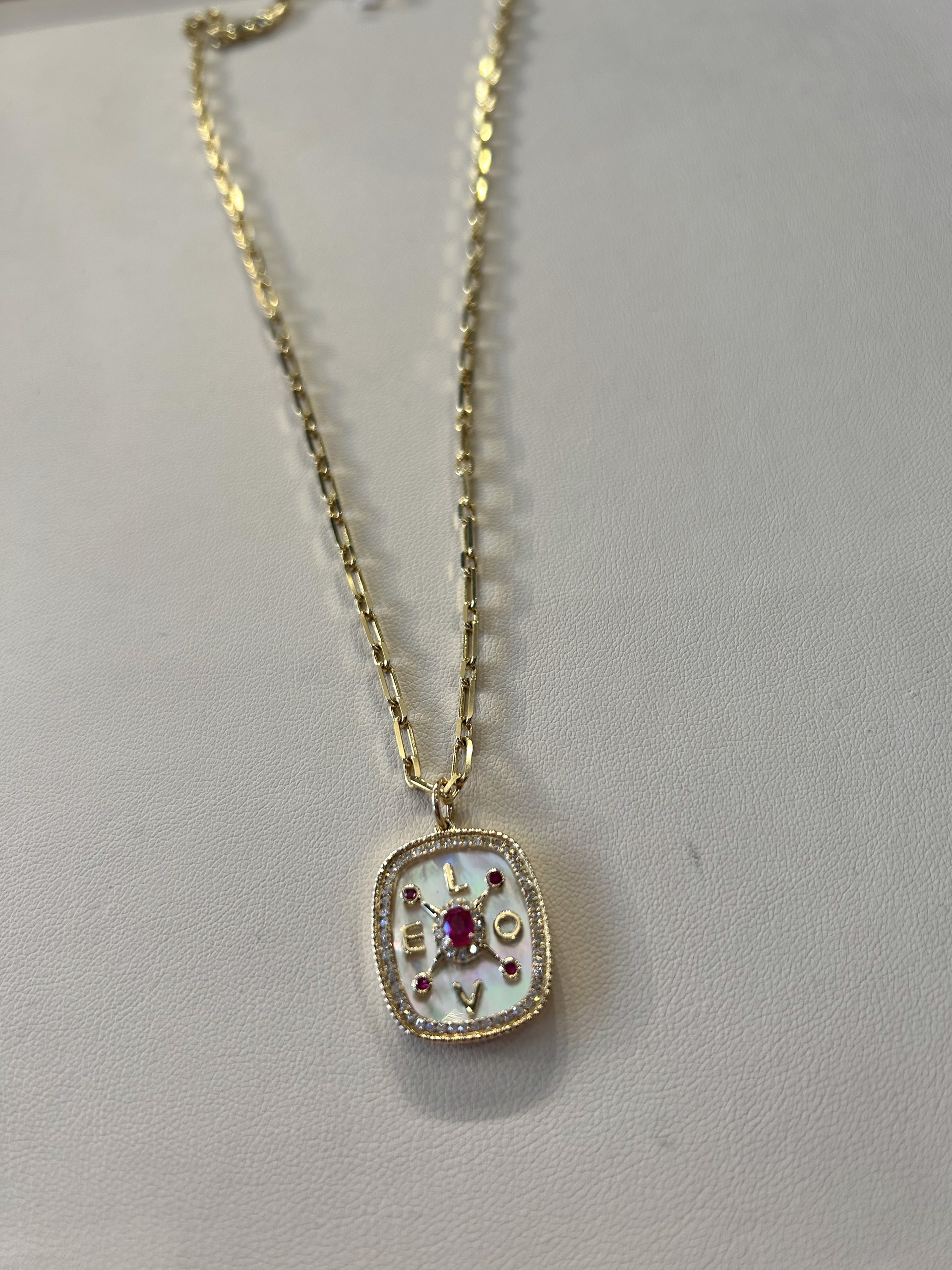 KB-N17 14k gold Necklace with gold diamond and ruby LOVE Pendant by Karen Birchmier